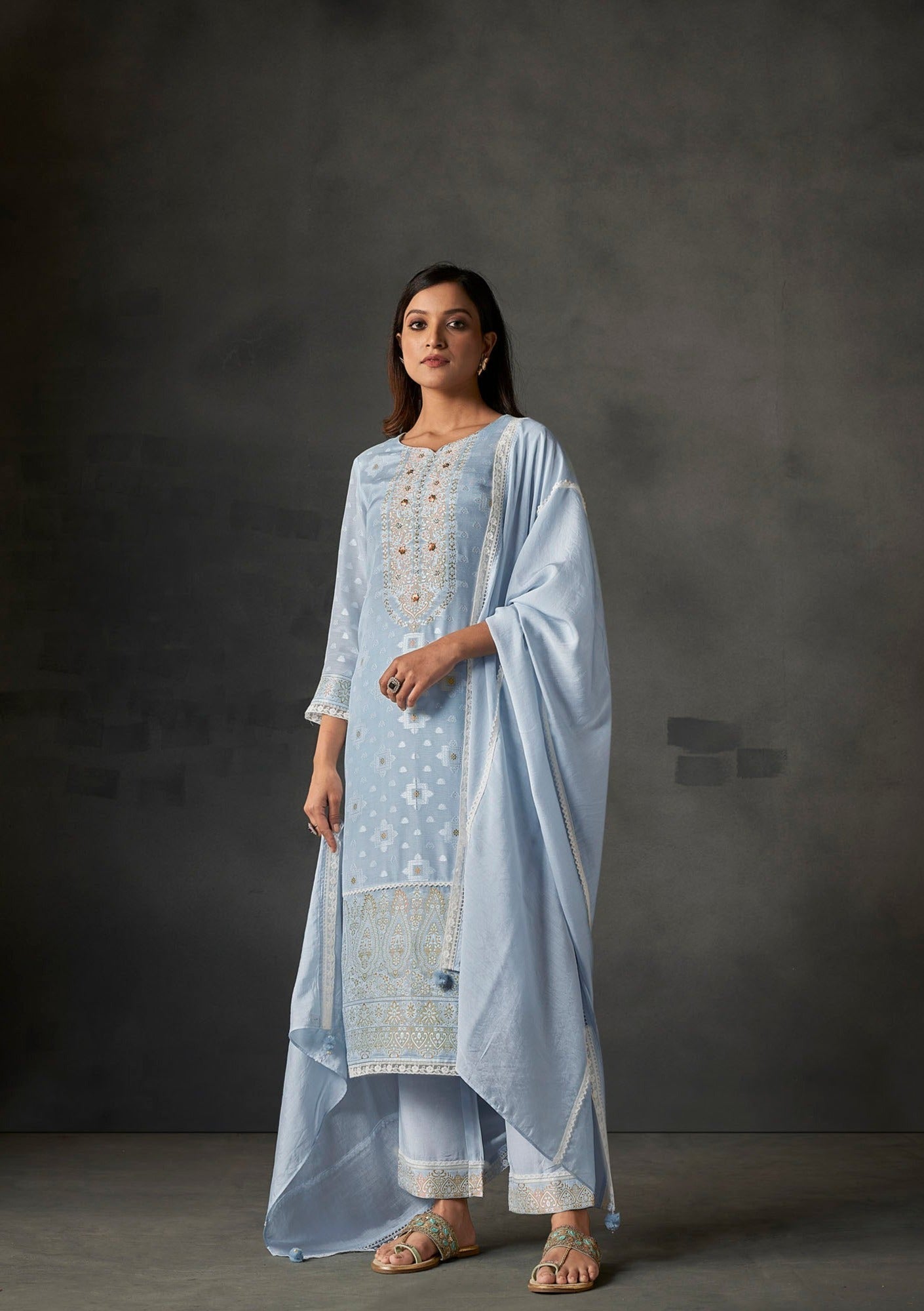 Blue Heaven White Woven Kurta Set-fourbuttons-in