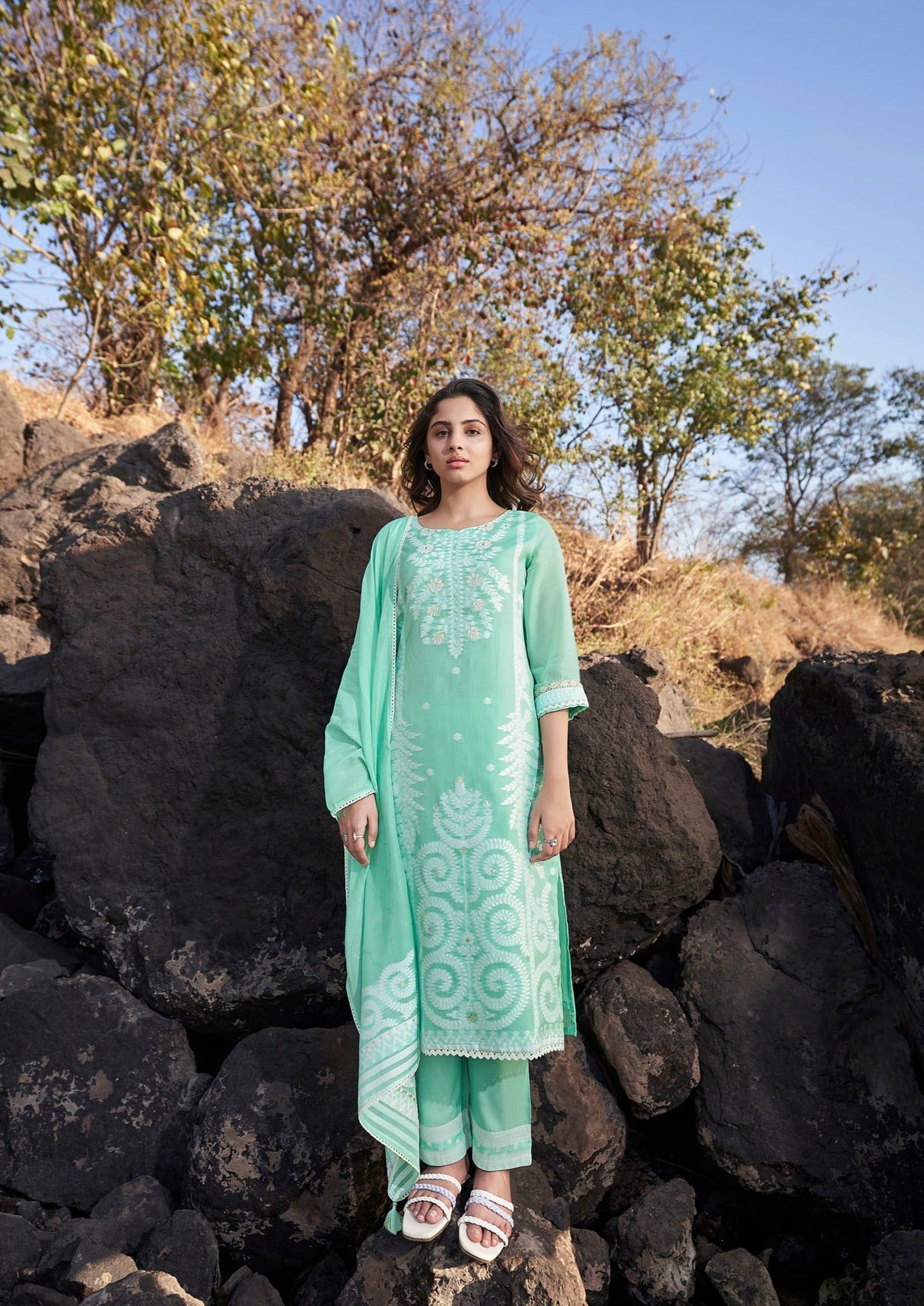 Blue Mirage Chanderi Silk Kurta Set-fourbuttons-in