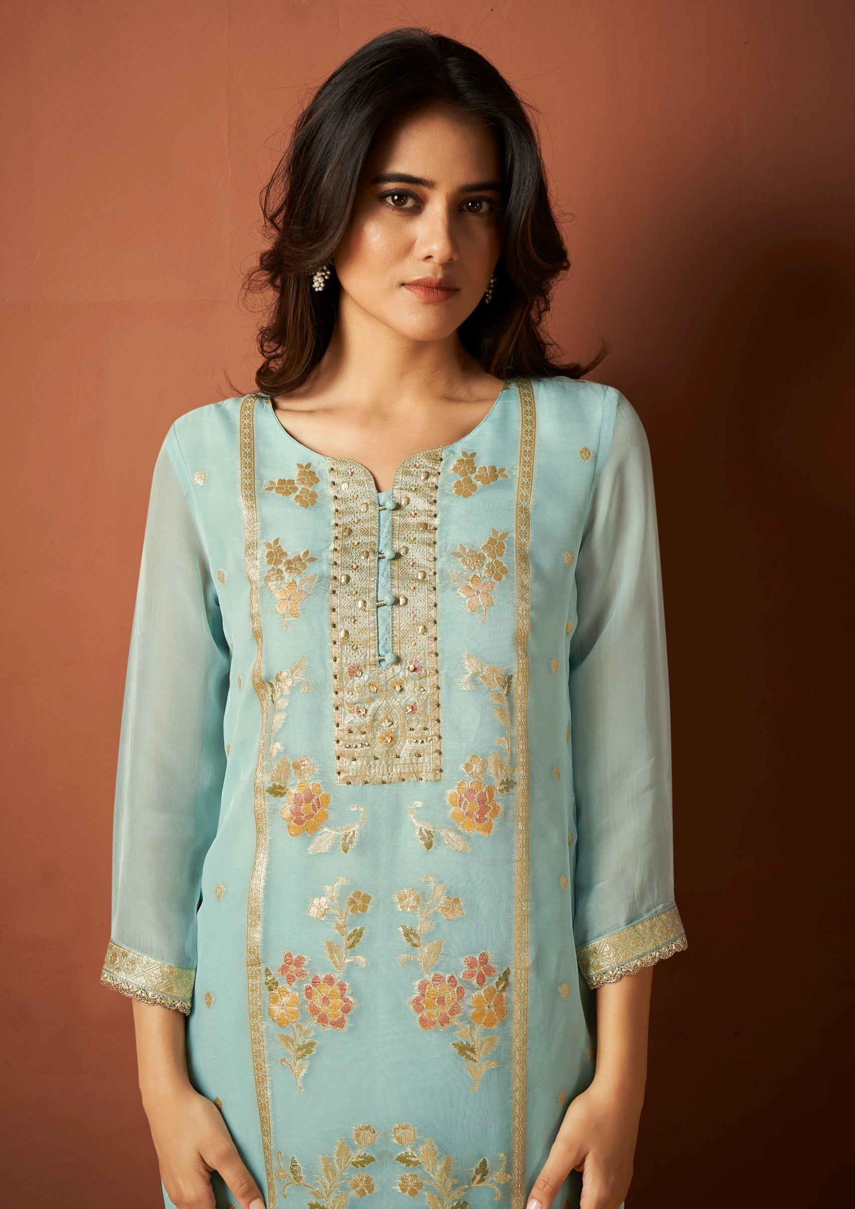 Blue Organza Woven Kurta Set