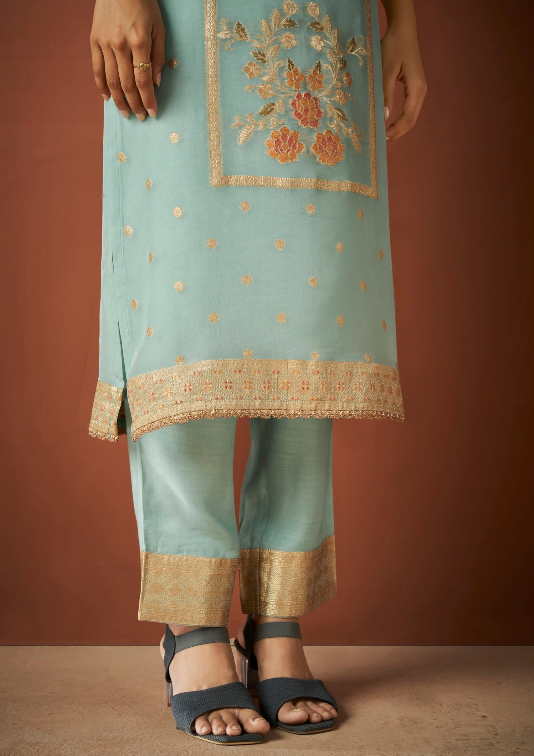 Blue Organza Woven Kurta Set