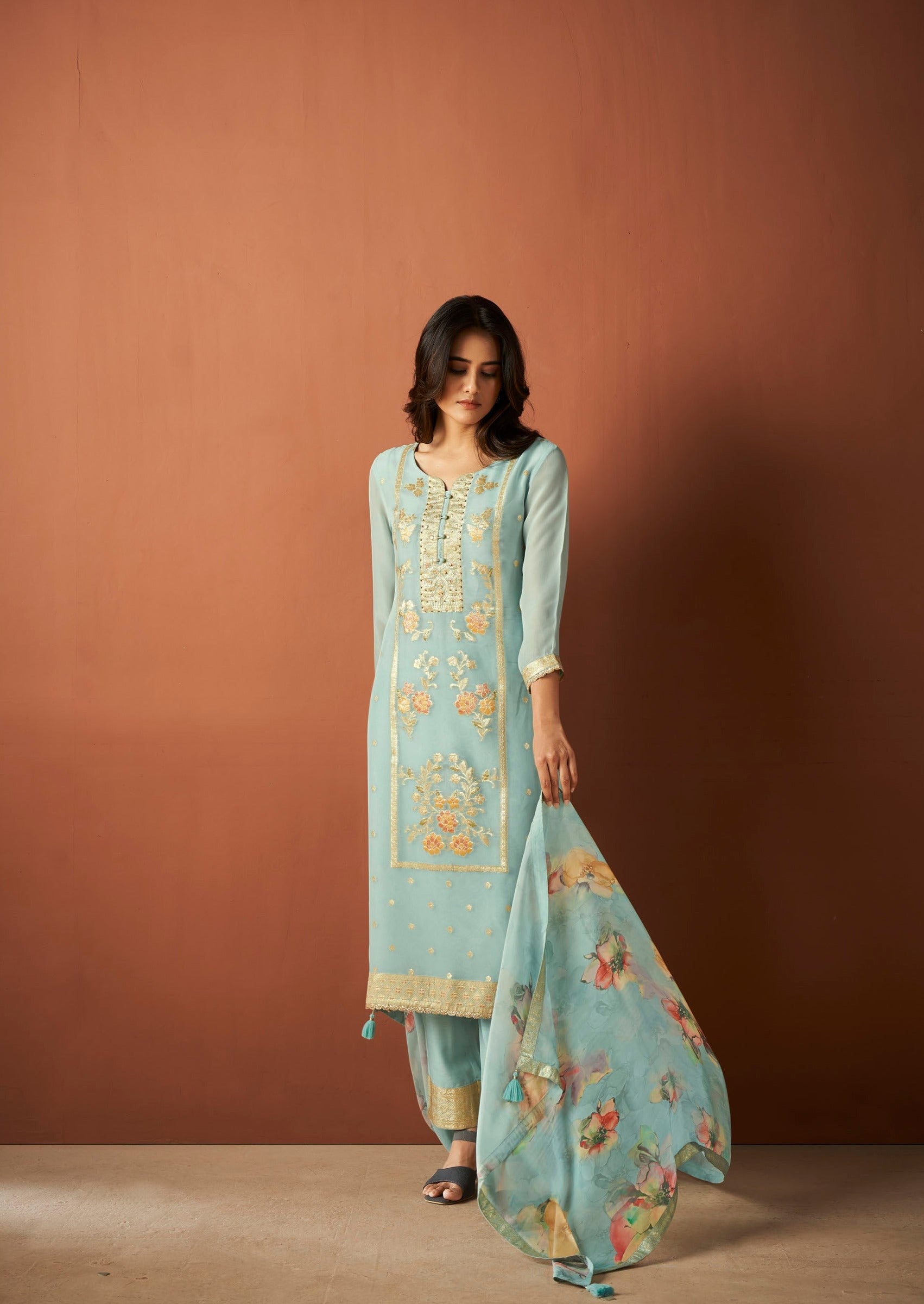 Blue Organza Woven Kurta Set