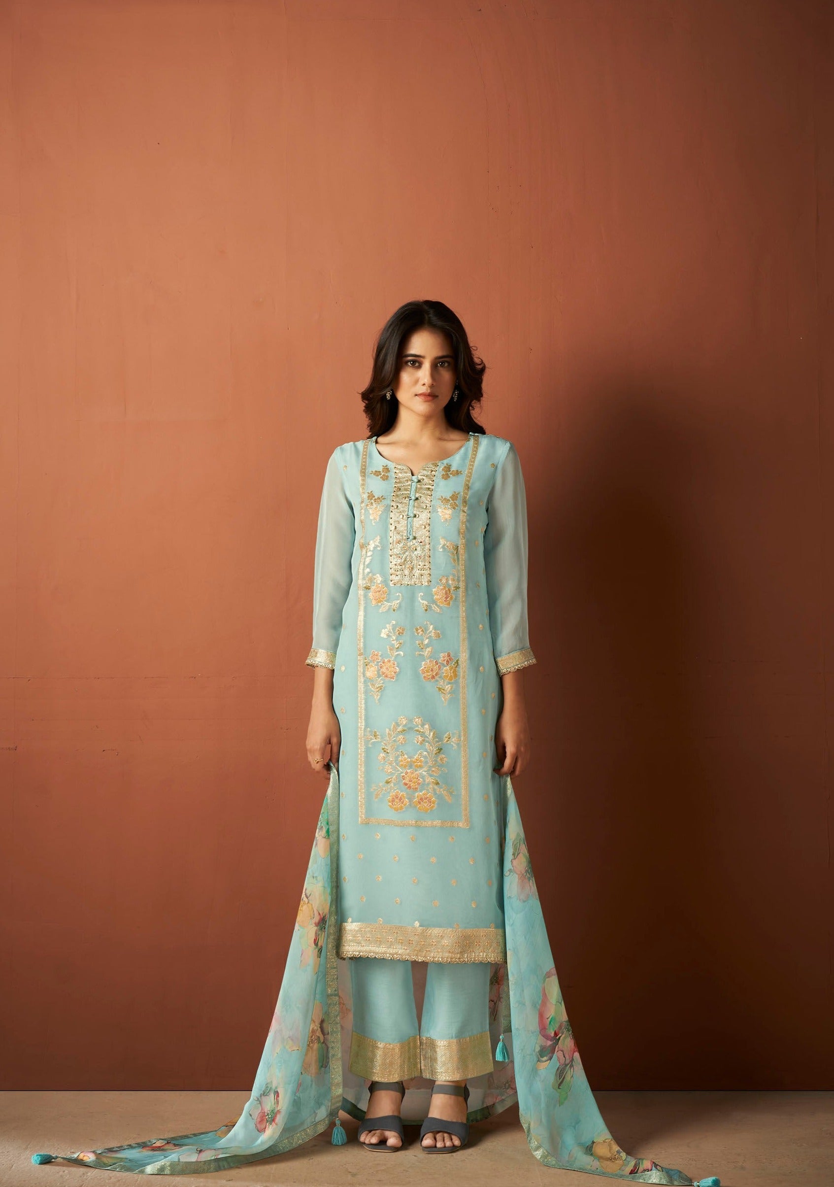 Blue Organza Woven Kurta Set