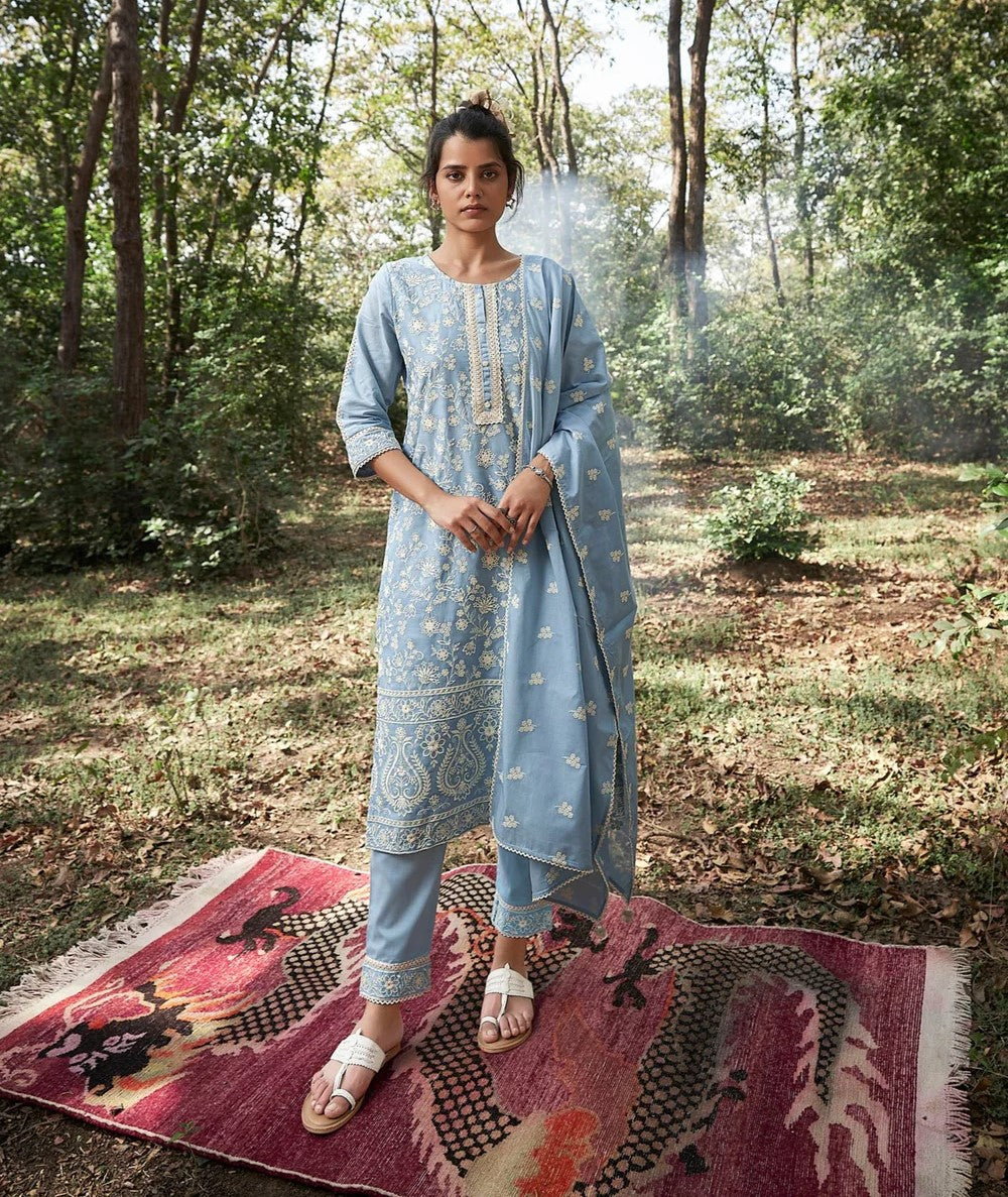 Blue Soft Cotton Kurta Set-fourbuttons-in