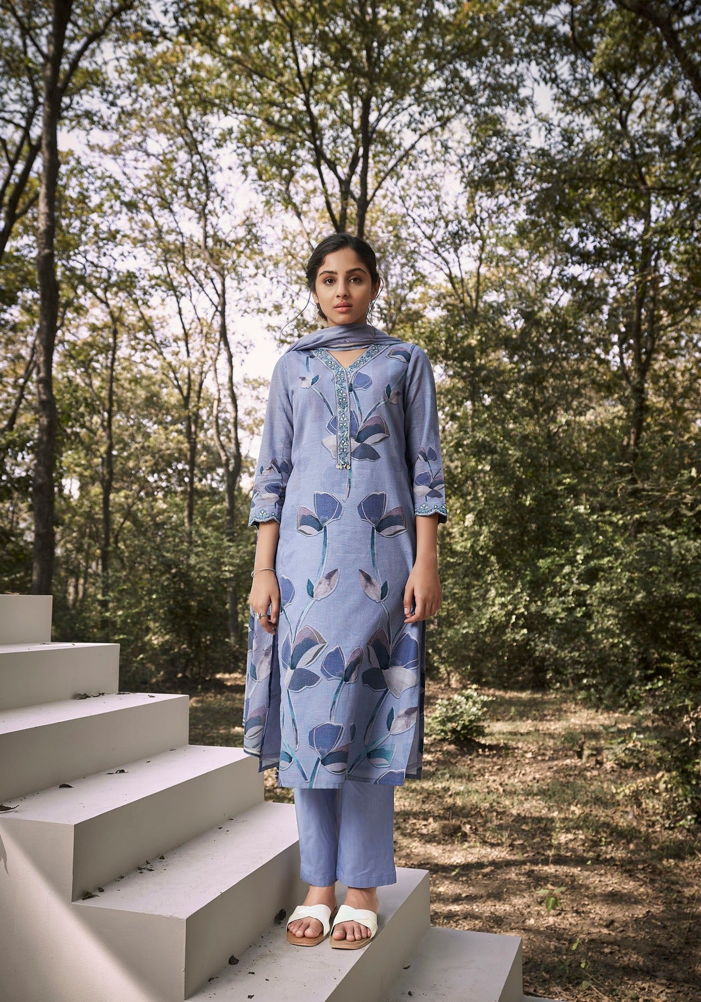 Blue Splash Cotton Kurta Set-fourbuttons-in