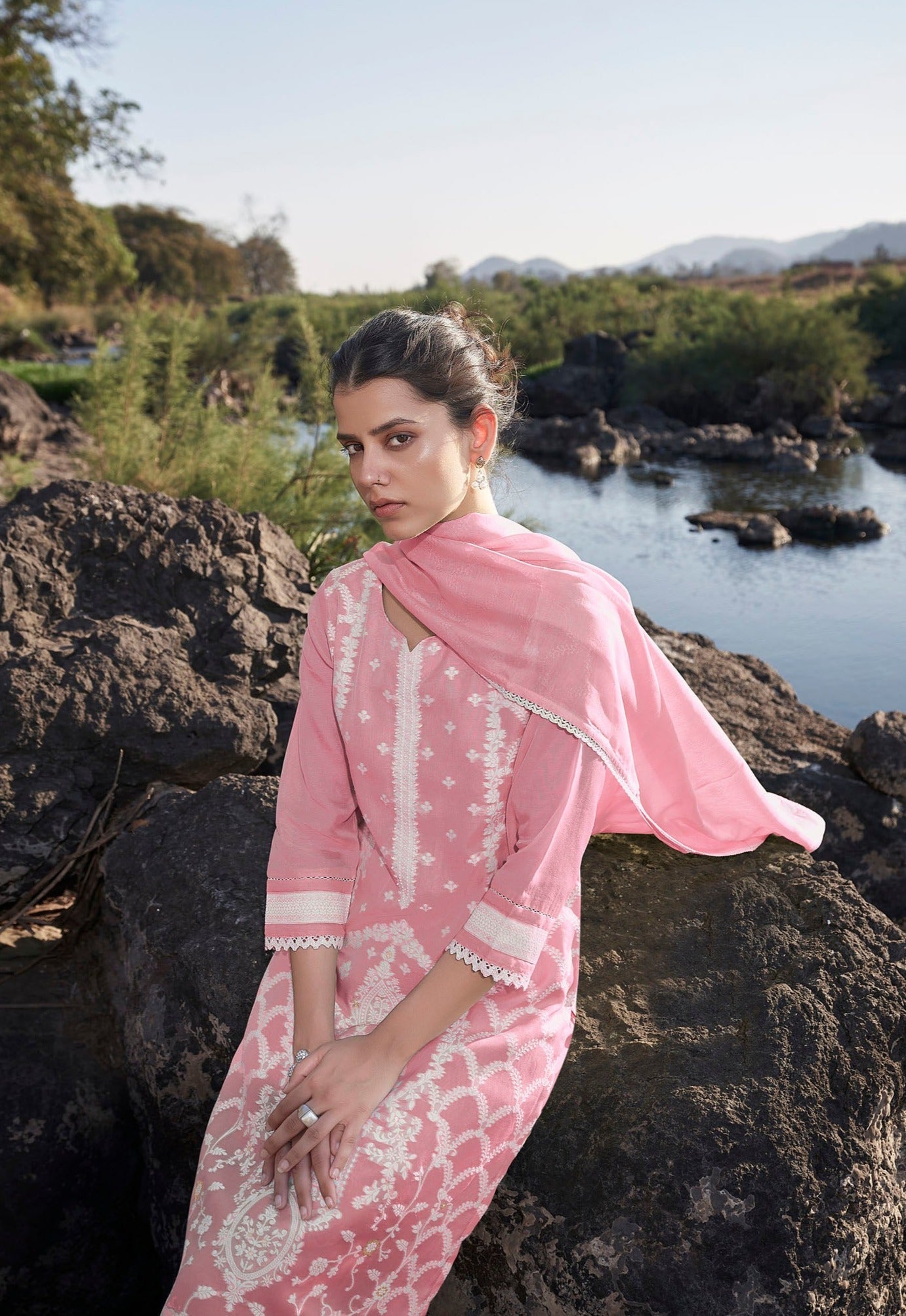 Blush Bloom Woven Kurta Set-fourbuttons-in