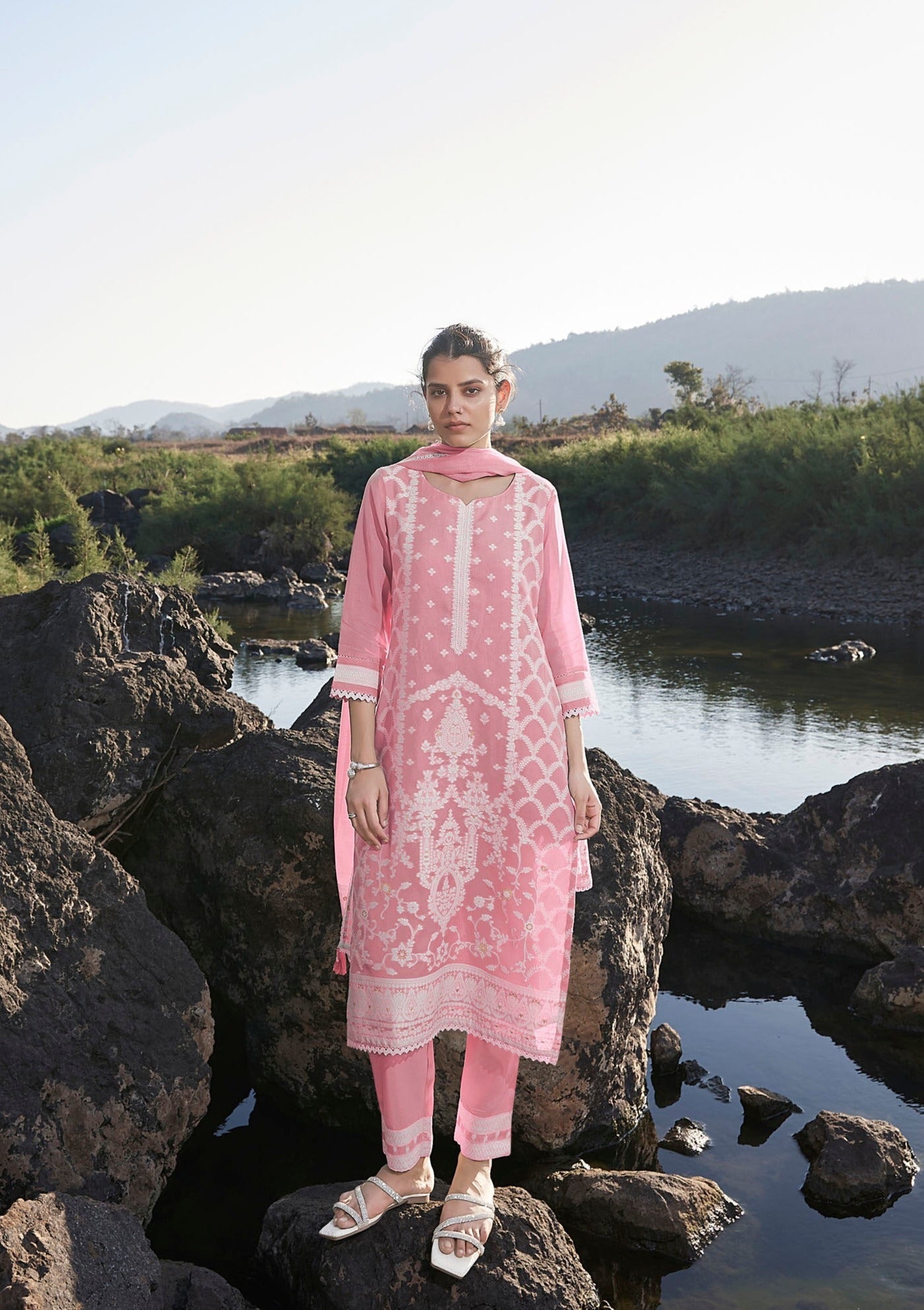 Blush Bloom Woven Kurta Set-fourbuttons-in