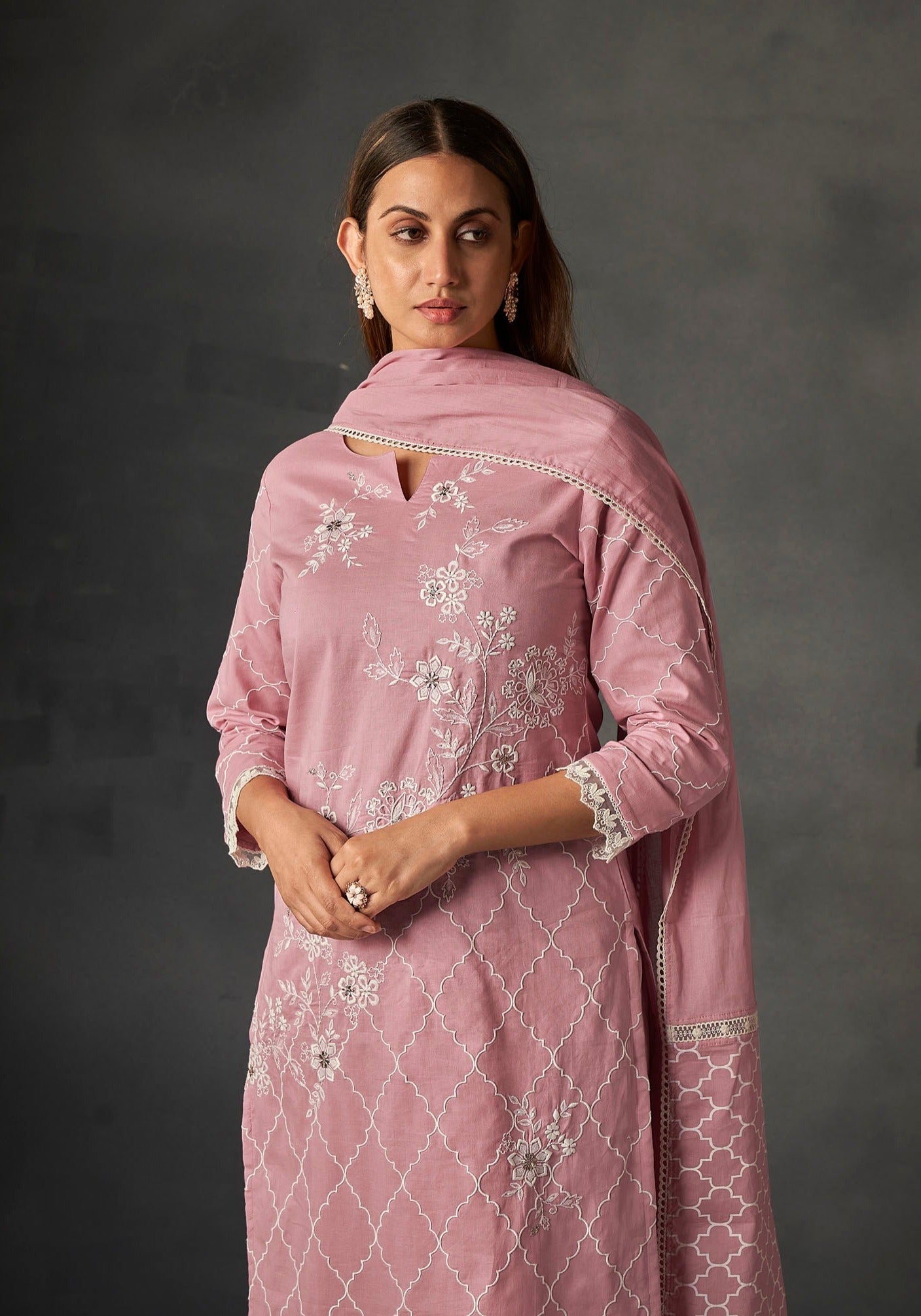 Blush Pink Cambric Embroidery Kurta Set-fourbuttons-in