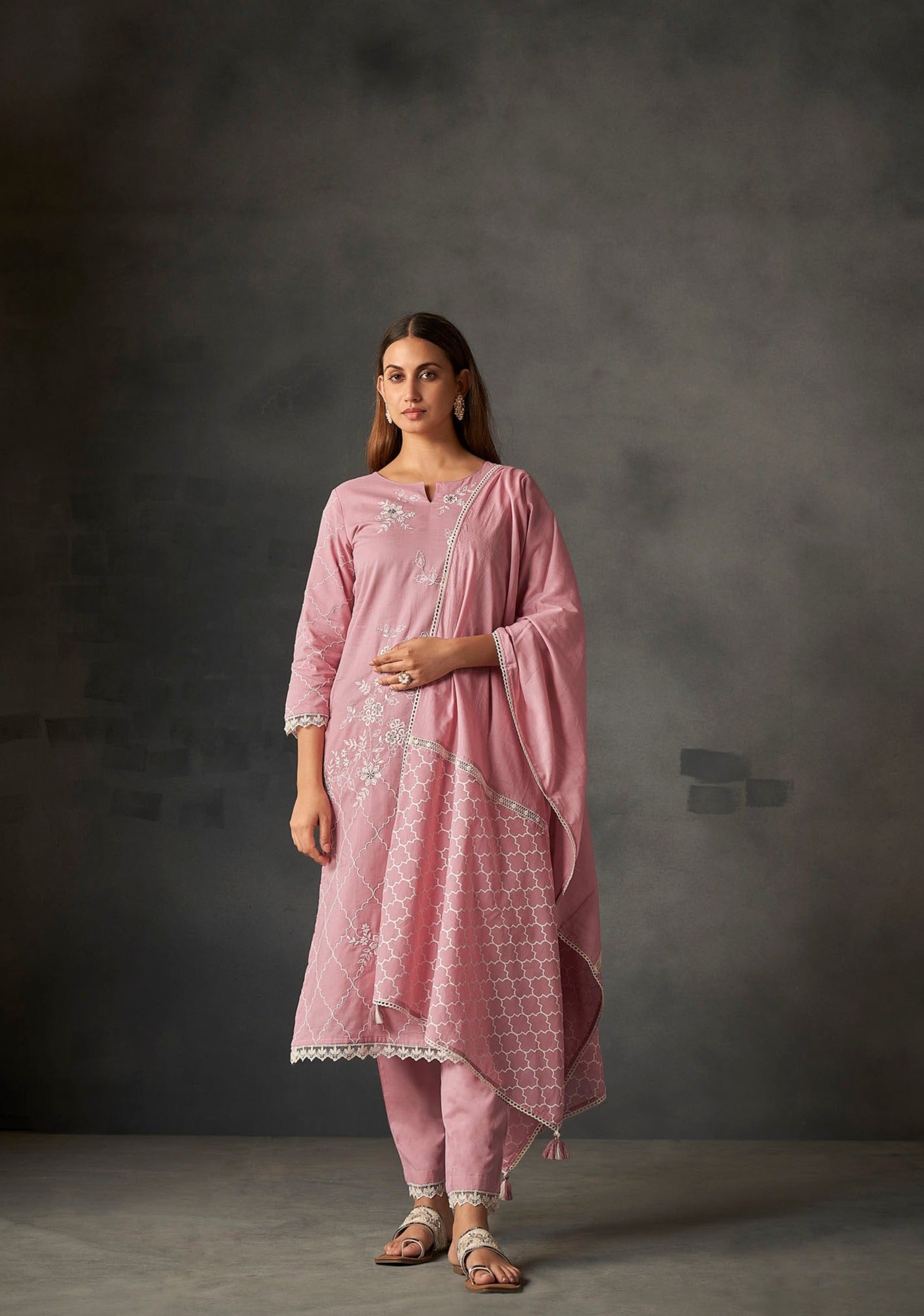 Blush Pink Cambric Embroidery Kurta Set-fourbuttons-in