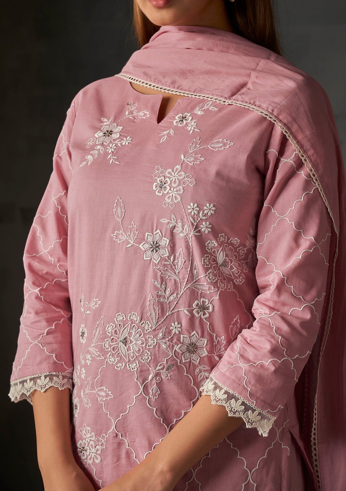 Blush Pink Cambric Embroidery Kurta Set-fourbuttons-in