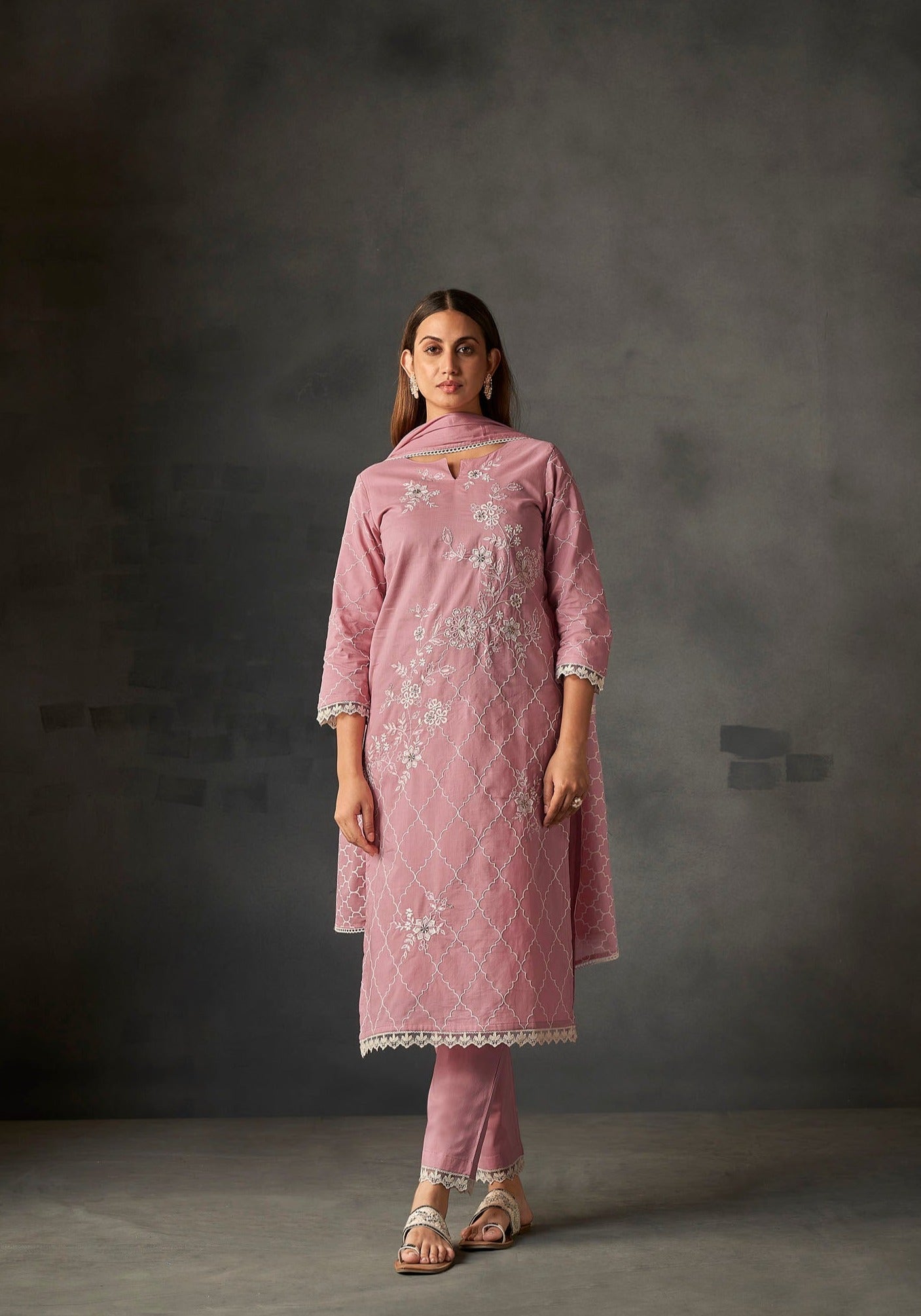 Blush Pink Cambric Embroidery Kurta Set-fourbuttons-in