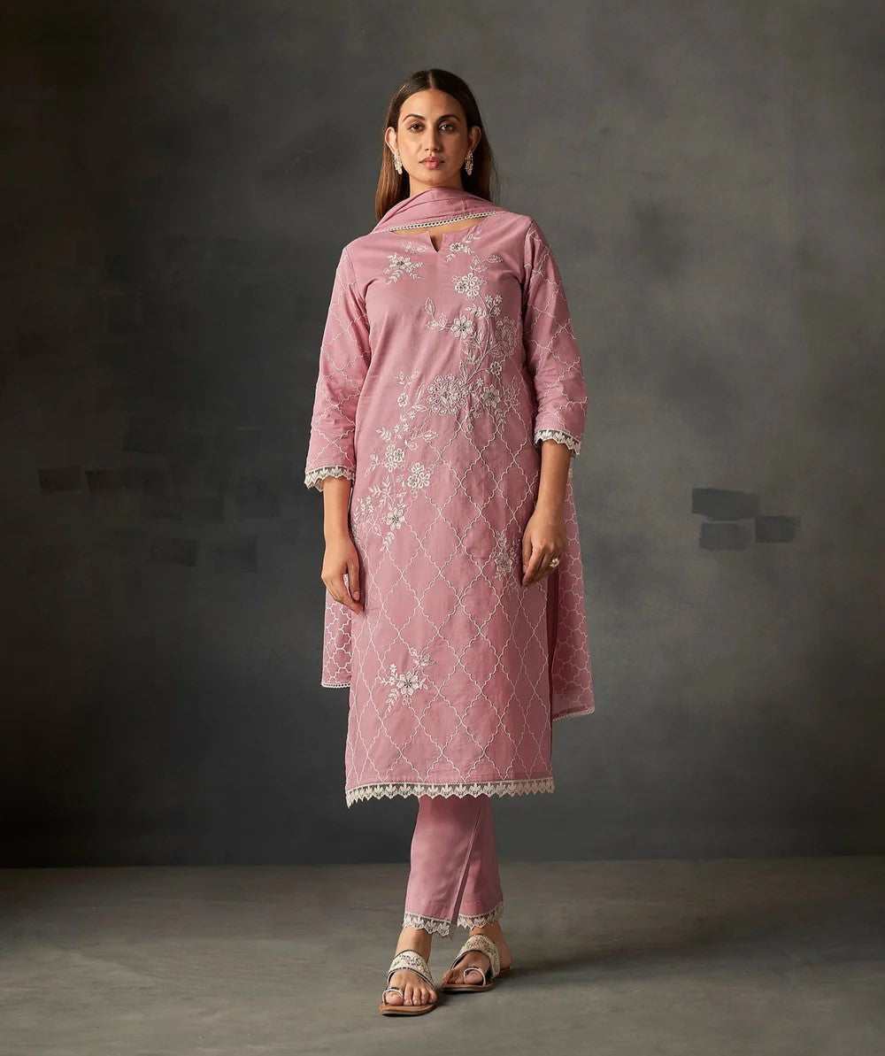 Blush Pink Cambric Embroidery Kurta Set-fourbuttons-in