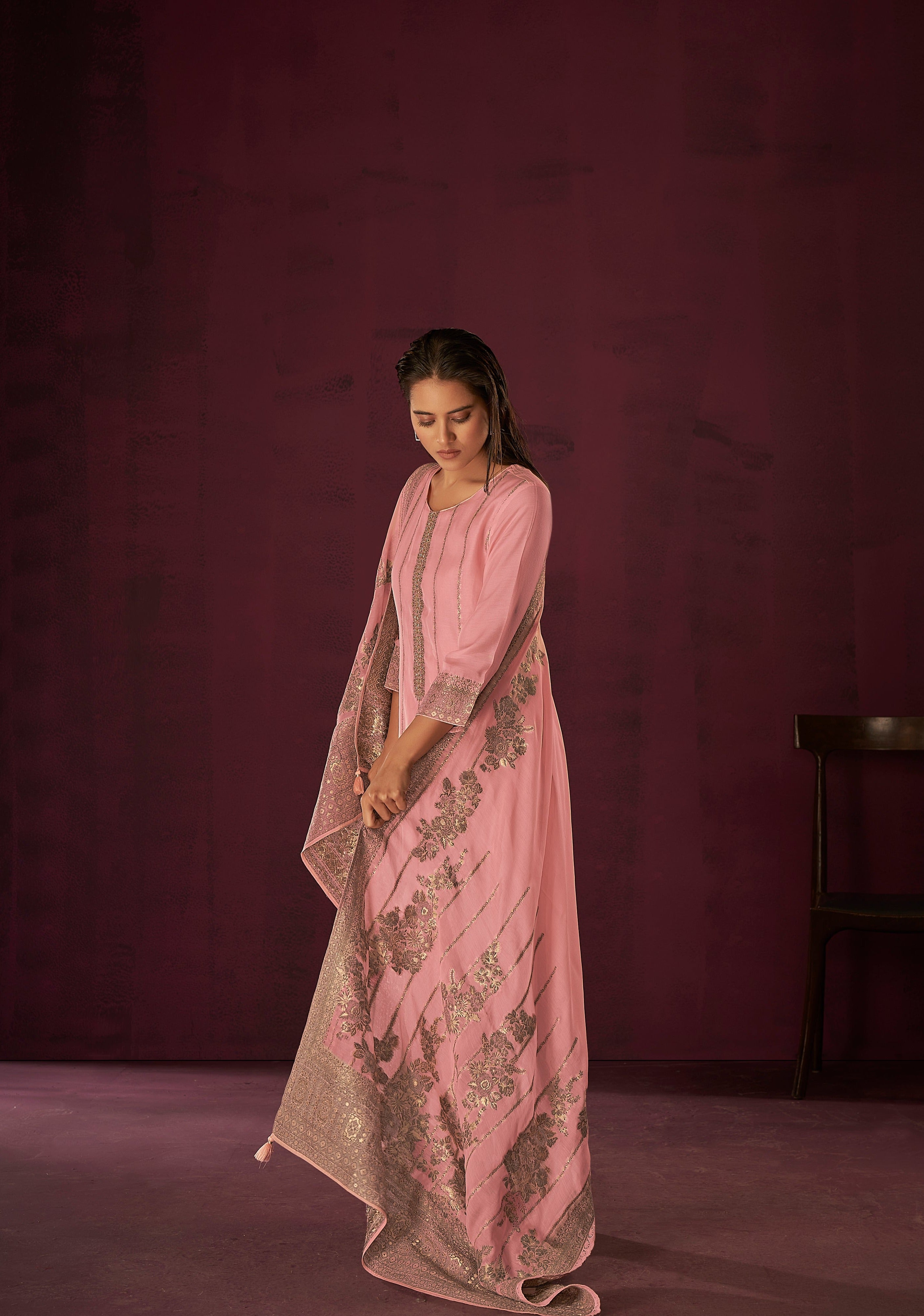 Bubblegum Chanderi Woven Silk Kurta Set