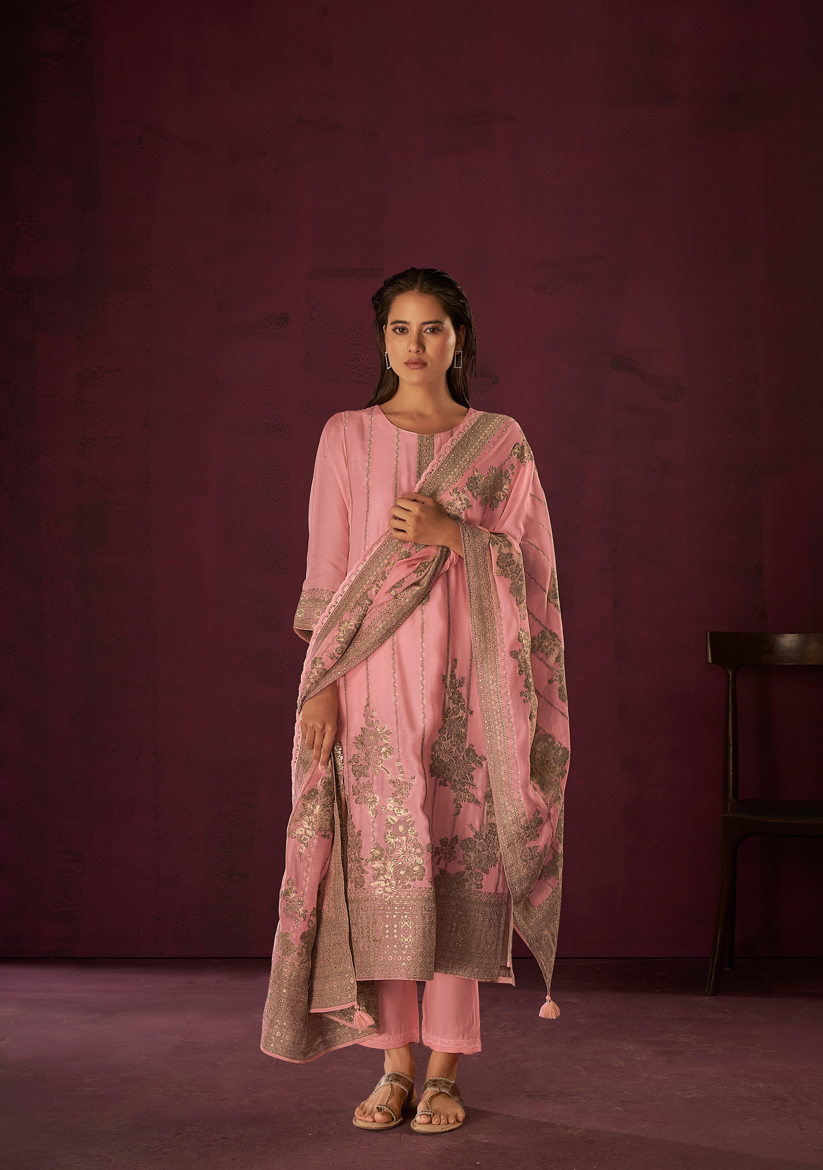 Bubblegum Chanderi Woven Silk Kurta Set