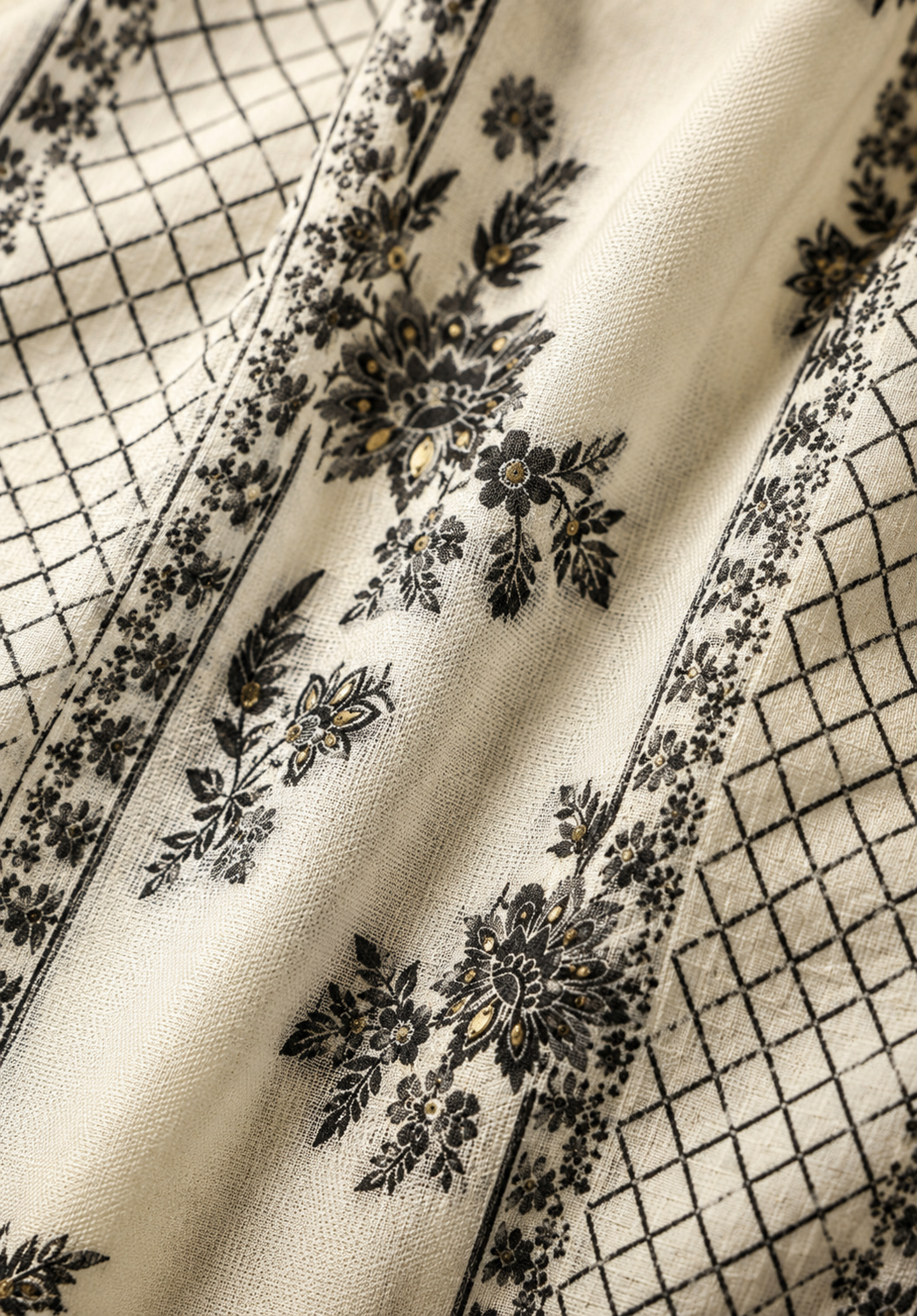 Neutral Cream Muslin Black Jacquard Kurta Set