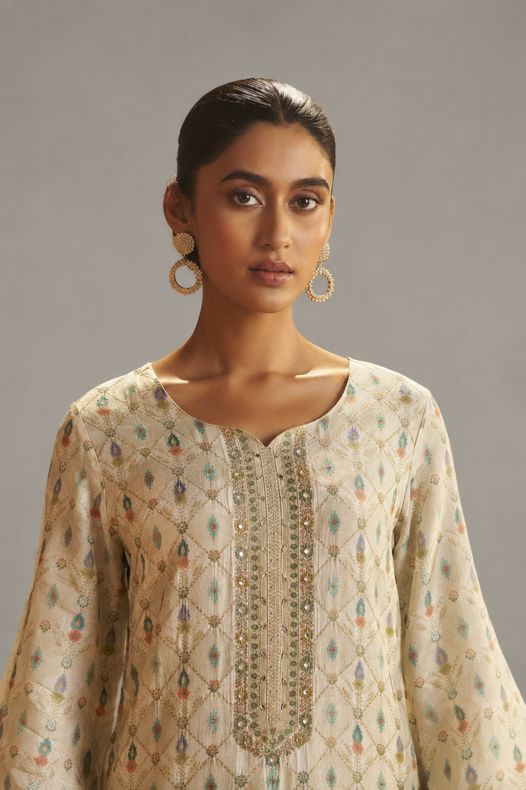Pearl Cream Position Print Viscose Jacquard Kurta Set