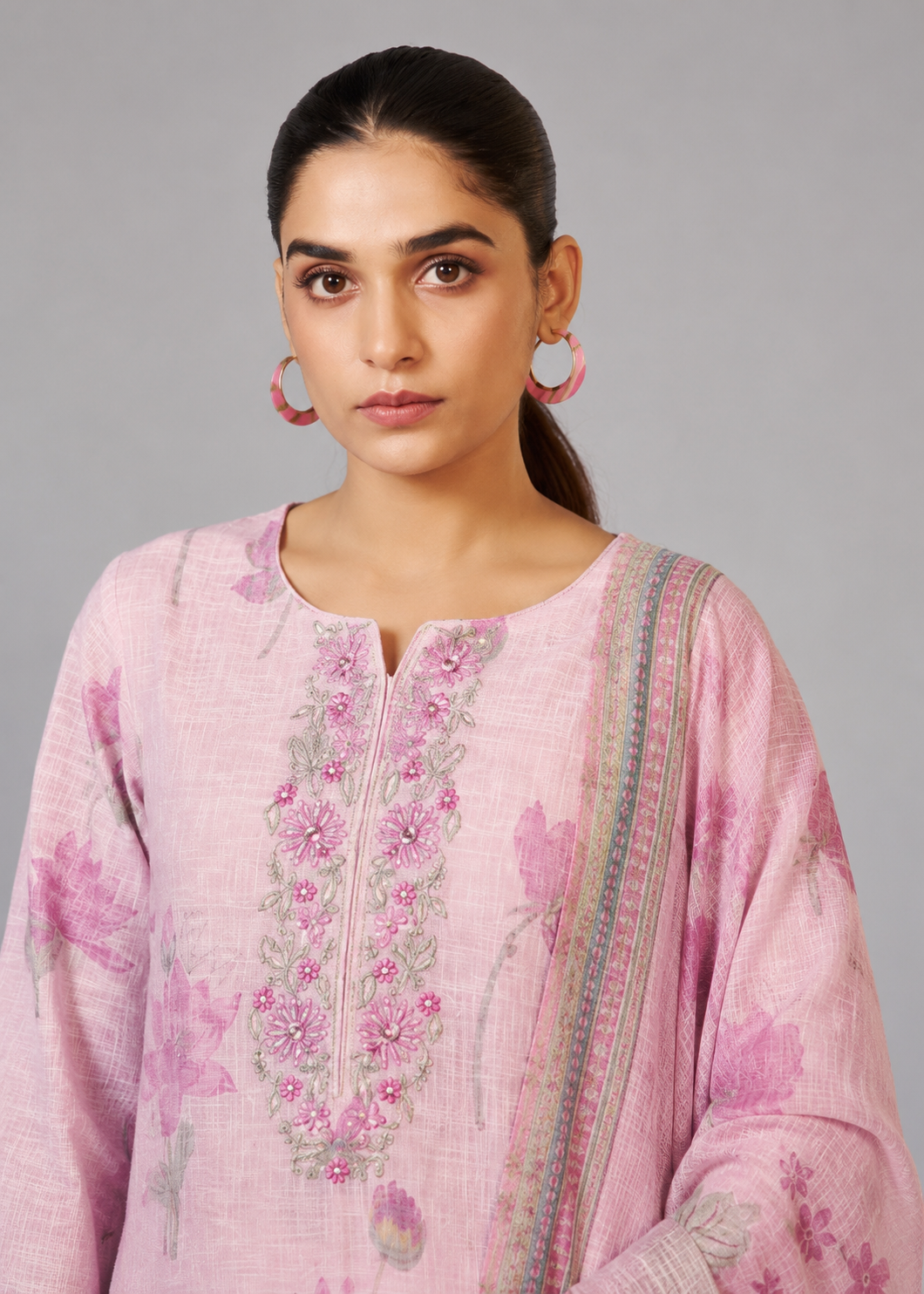 Pink Poly Linen Digital Print Kurta Set with Cotton Bottom & Dupatta