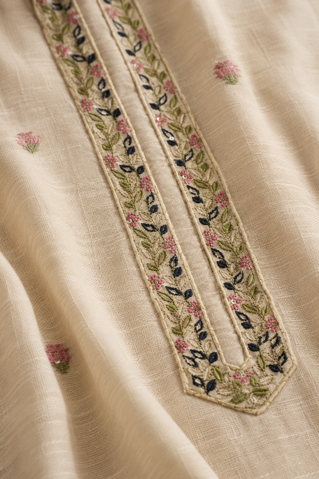 Beige Linen Chanderi Jacquard Kurta Set