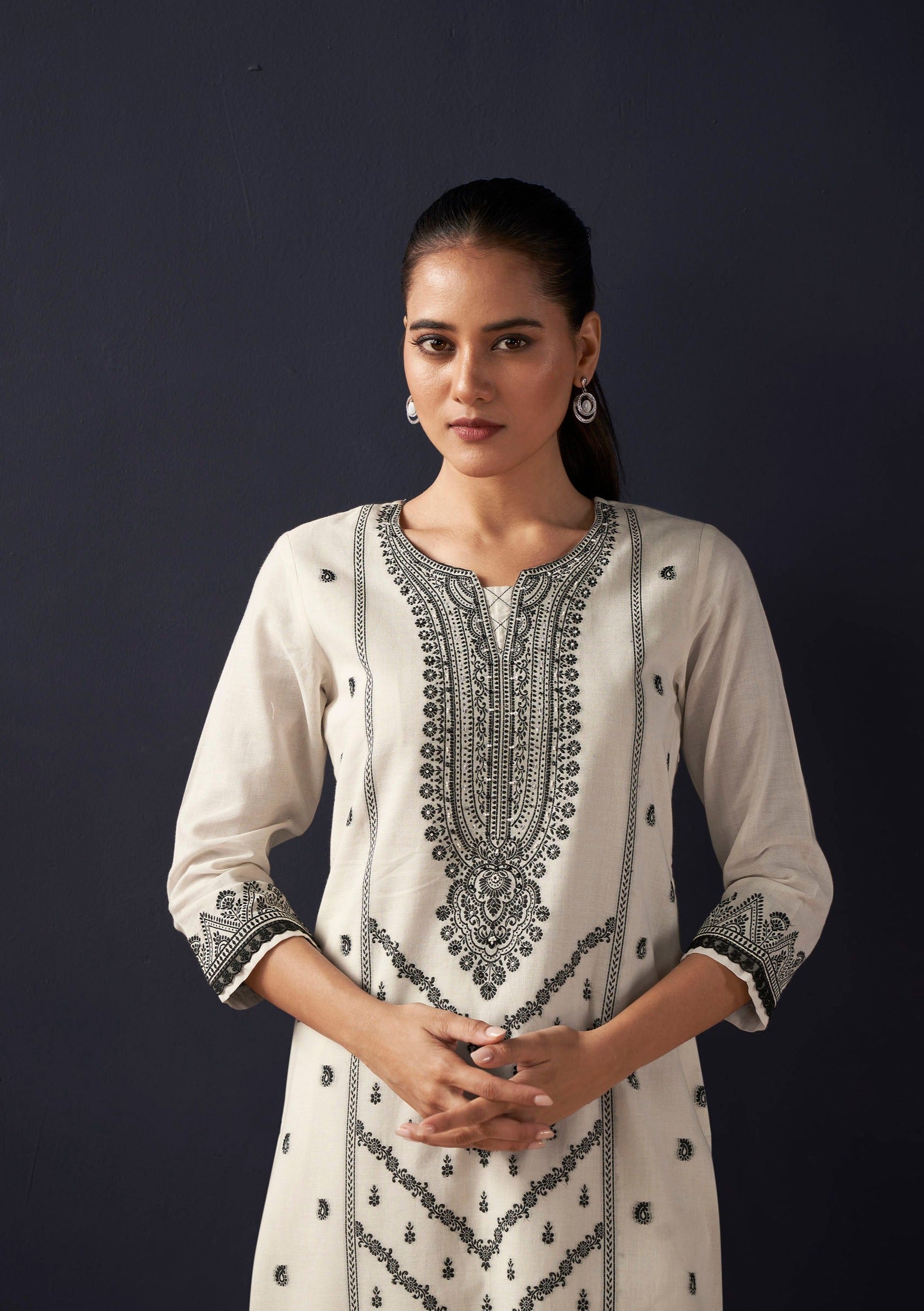 Cotton Black Jacquard Kurta Set-fourbuttons-in