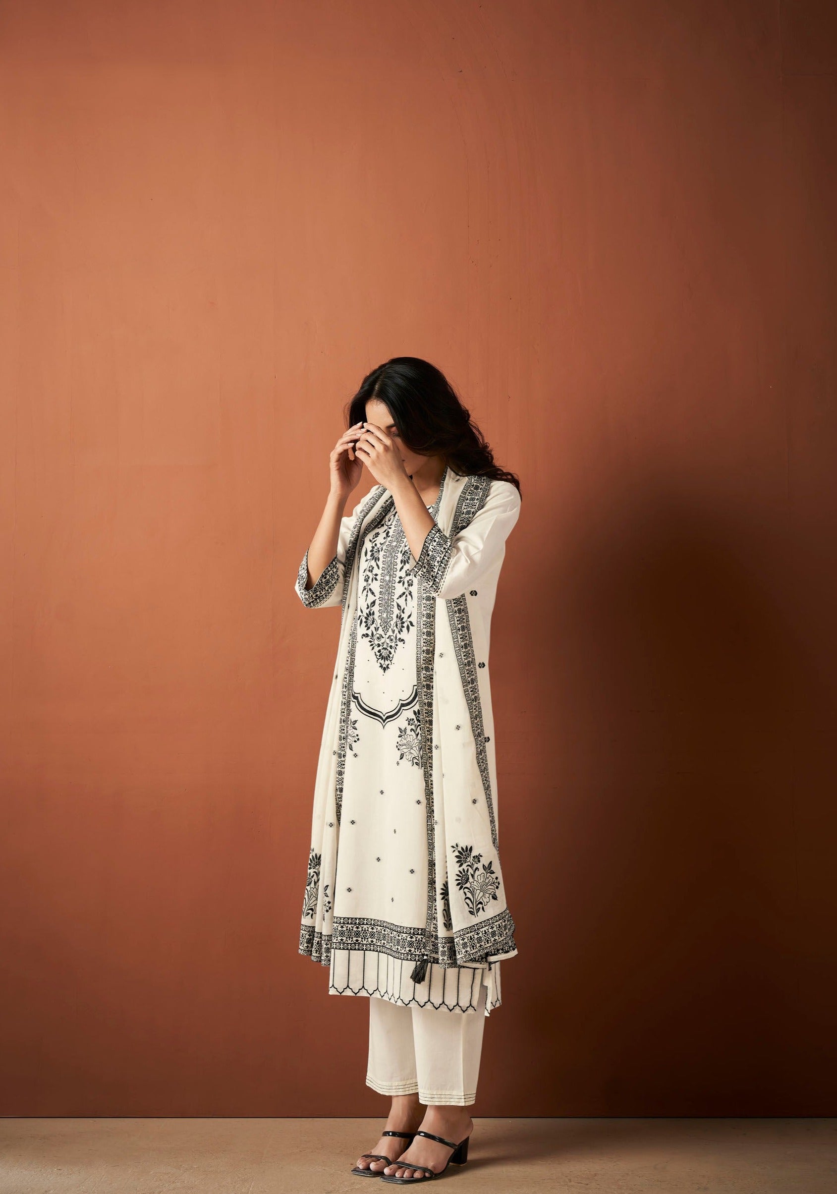 Cotton Black Woven Silk Kurta Set-fourbuttons-in