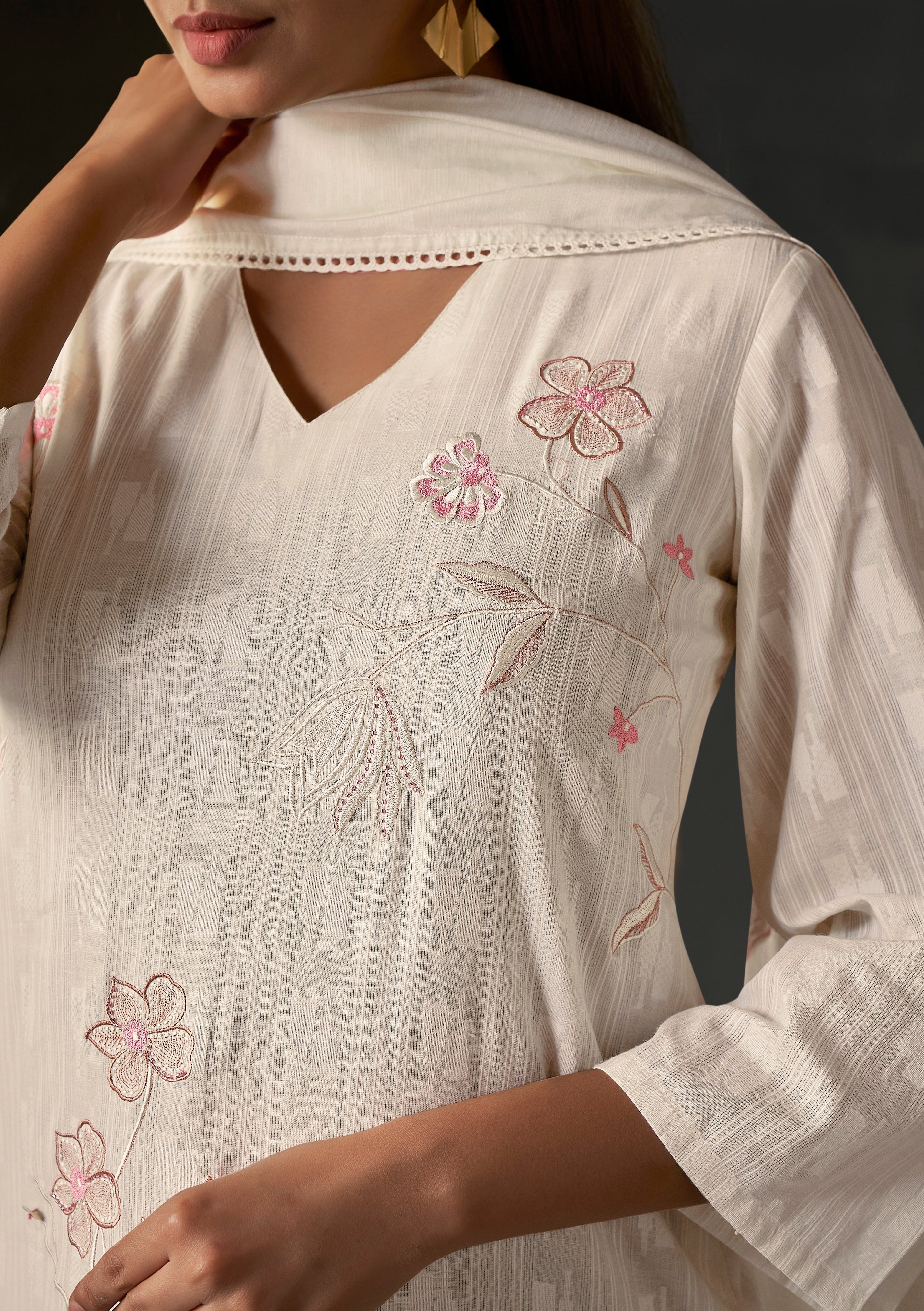 Cream Floral Cotton Kurta Set-fourbuttons-in