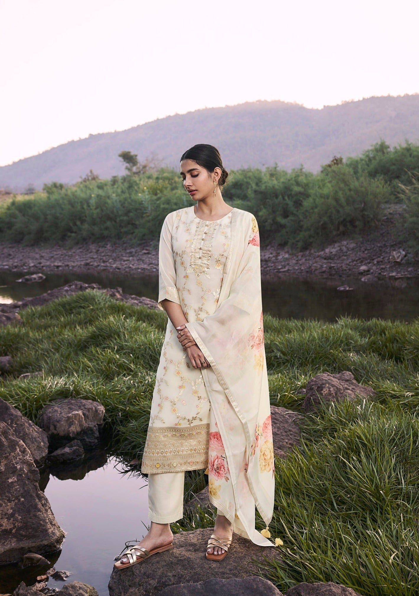 Cream Organza  Elegance Kurta Set