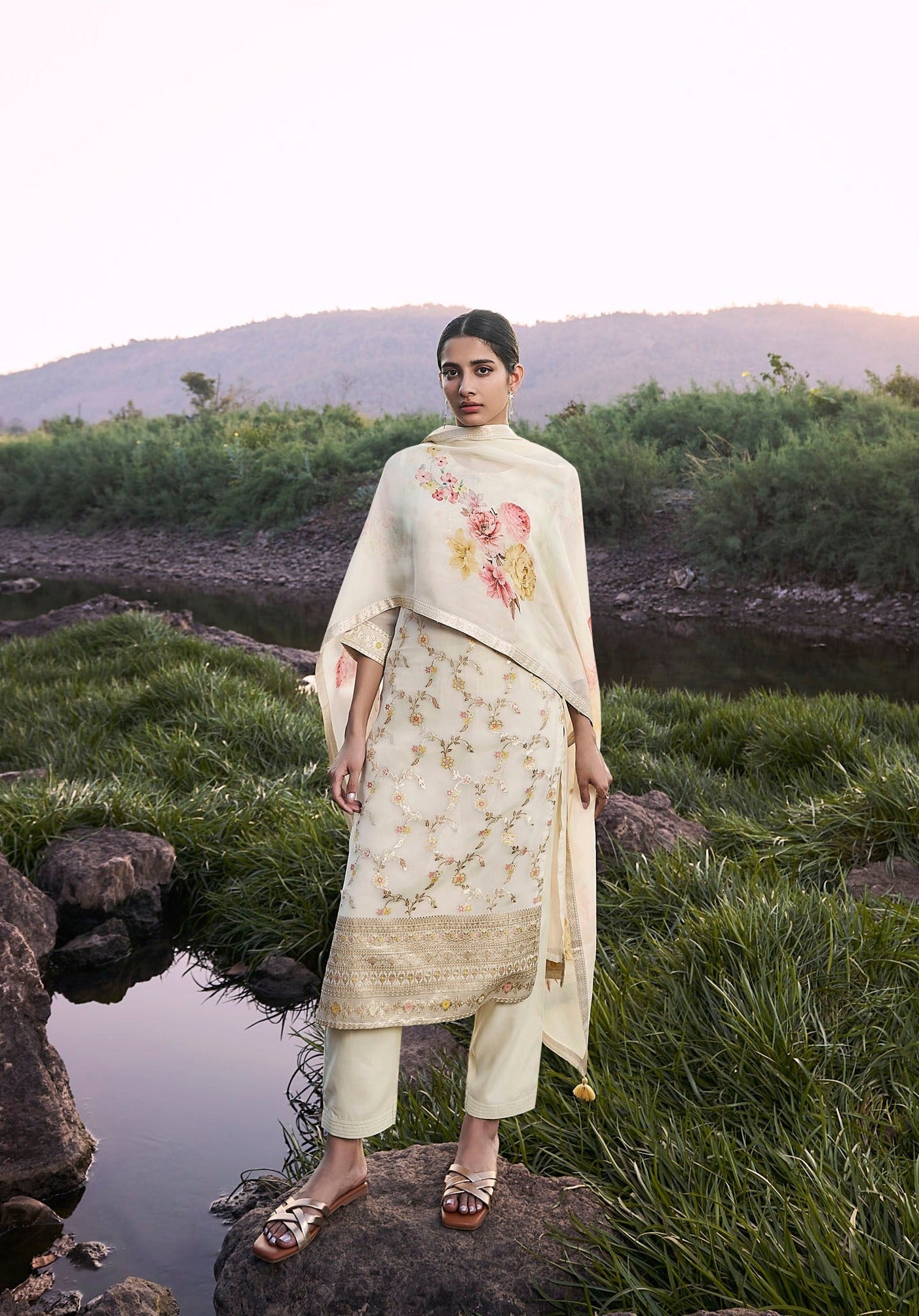 Cream Organza  Elegance Kurta Set