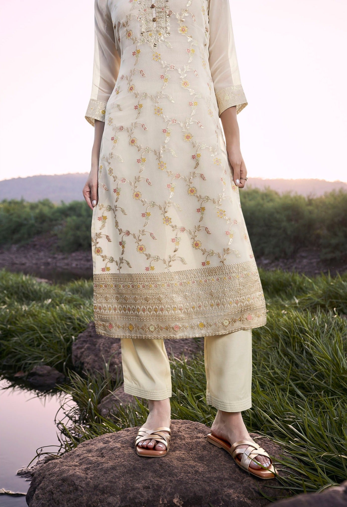 Cream Organza  Elegance Kurta Set