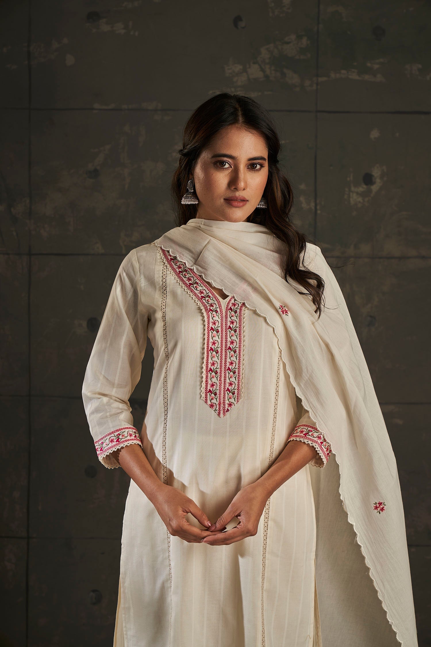 Cream Radiance Embroidery Cotton Kurta Set-fourbuttons-in