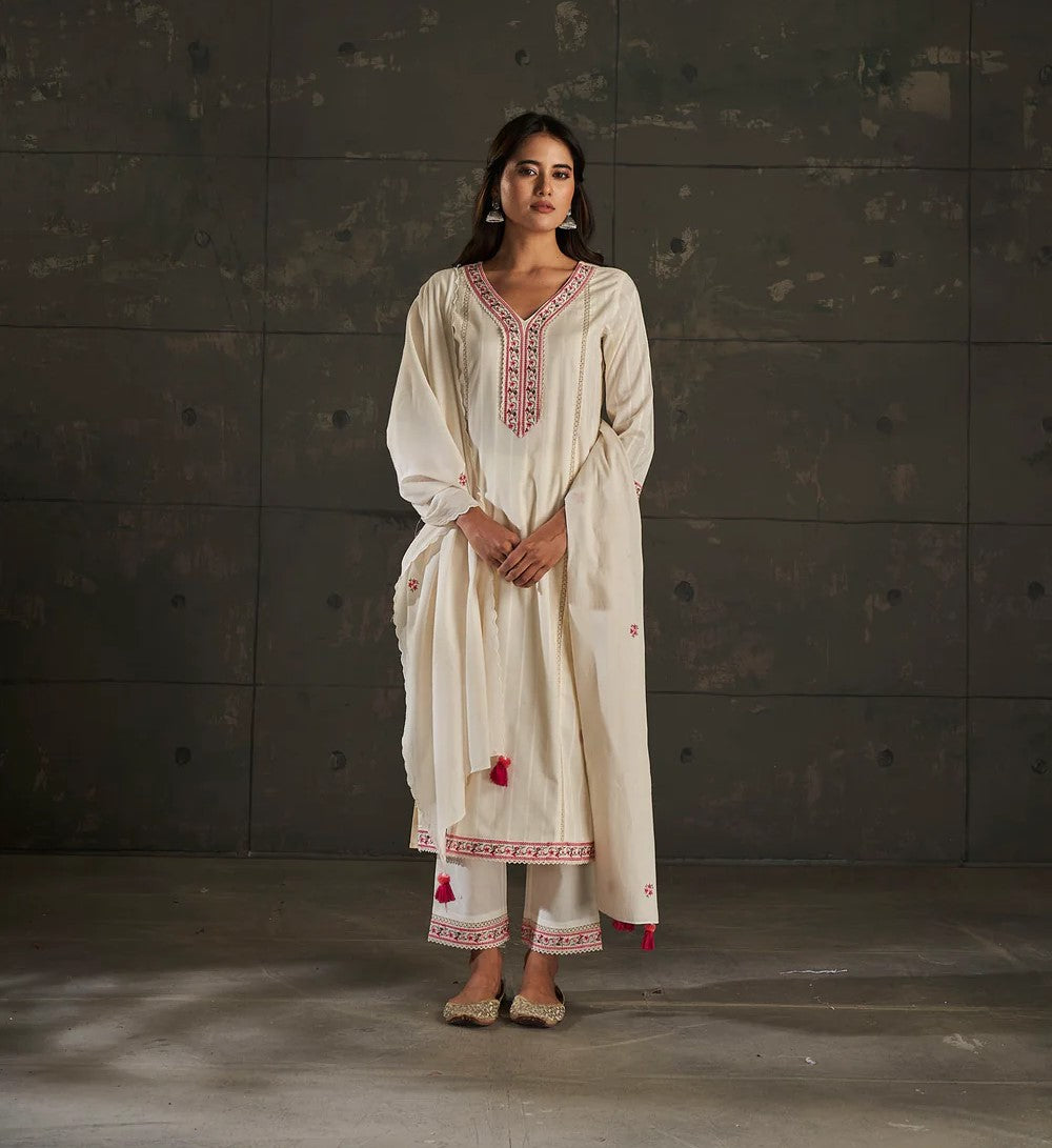 Cream Radiance Embroidery Cotton Kurta Set-fourbuttons-in