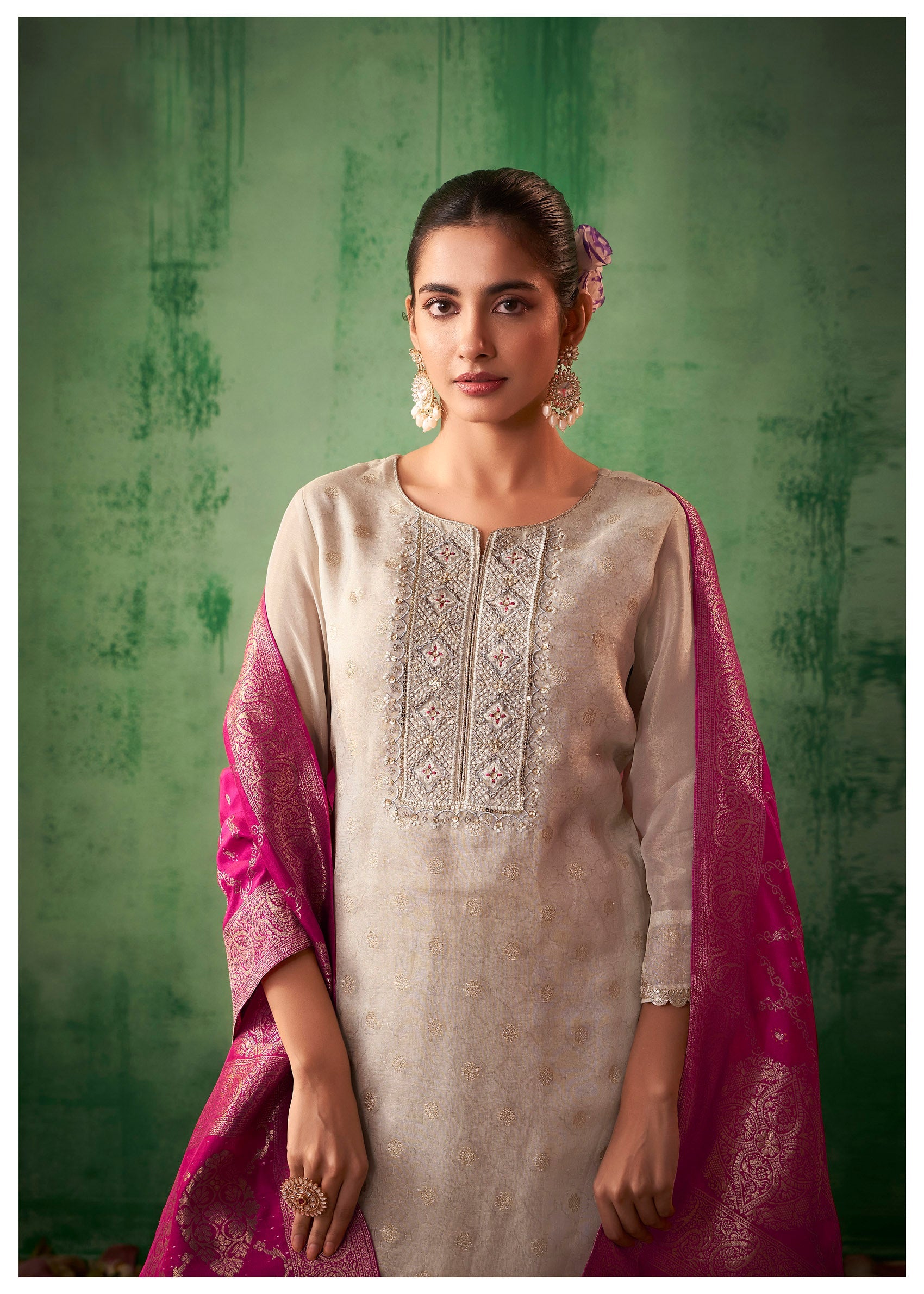 Cream Shimmer Jacquard Organza Kurta Set-fourbuttons-in