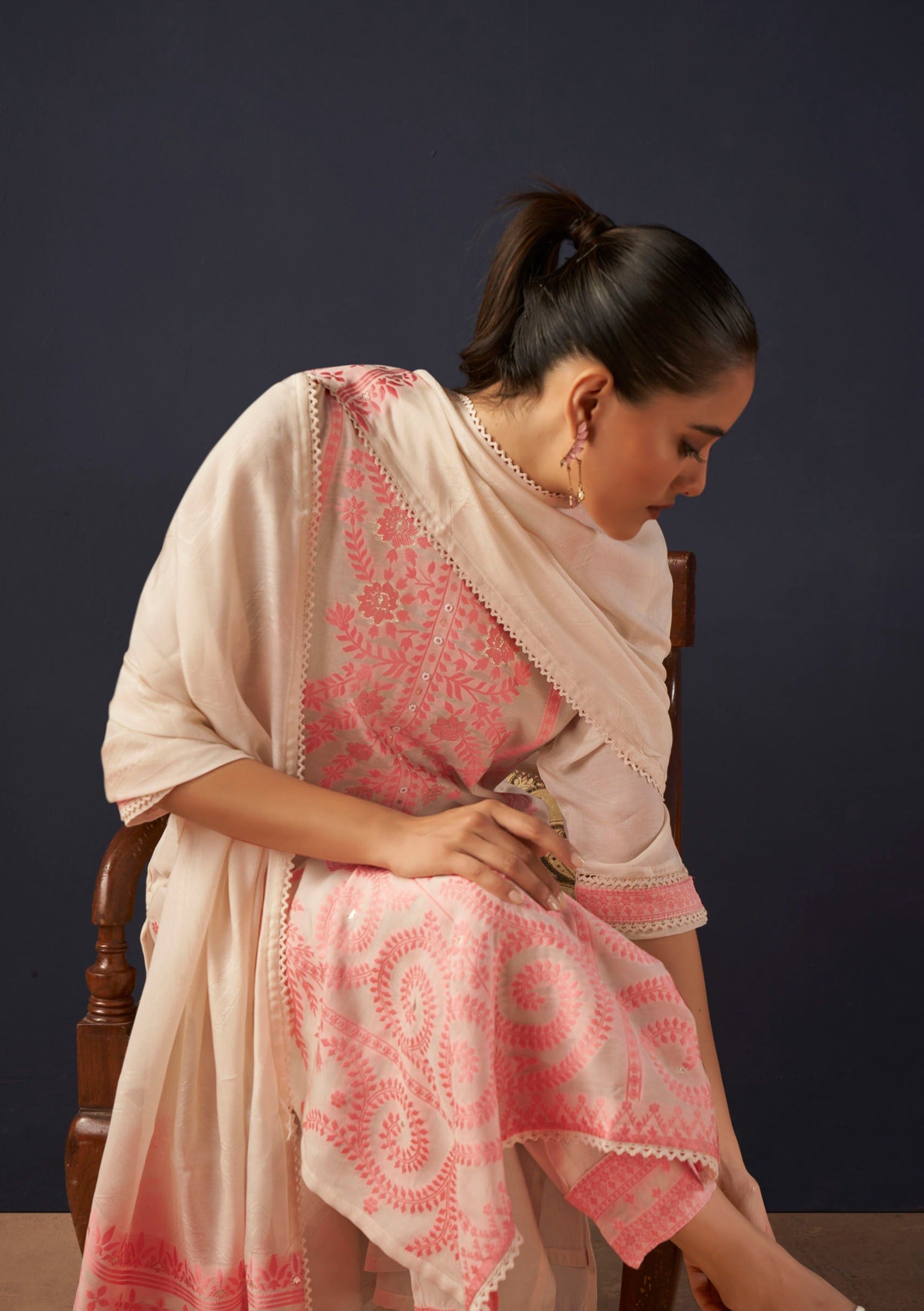 Cream Top Dyed Woven Silk Kurta Set-fourbuttons-in