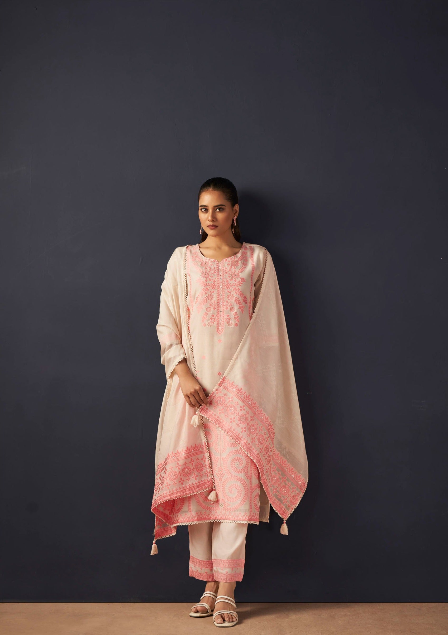 Cream Top Dyed Woven Silk Kurta Set-fourbuttons-in