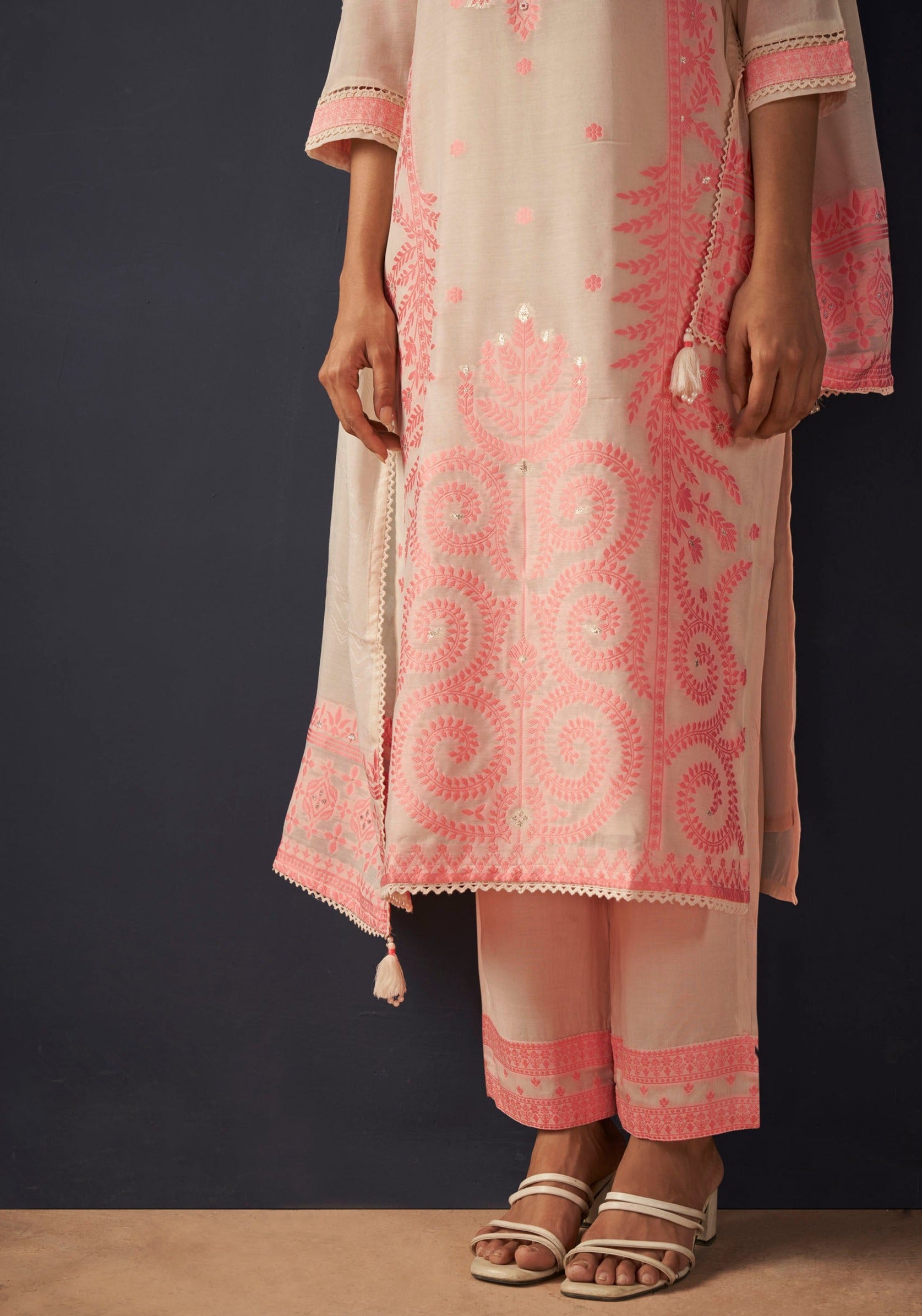 Cream Top Dyed Woven Silk Kurta Set-fourbuttons-in