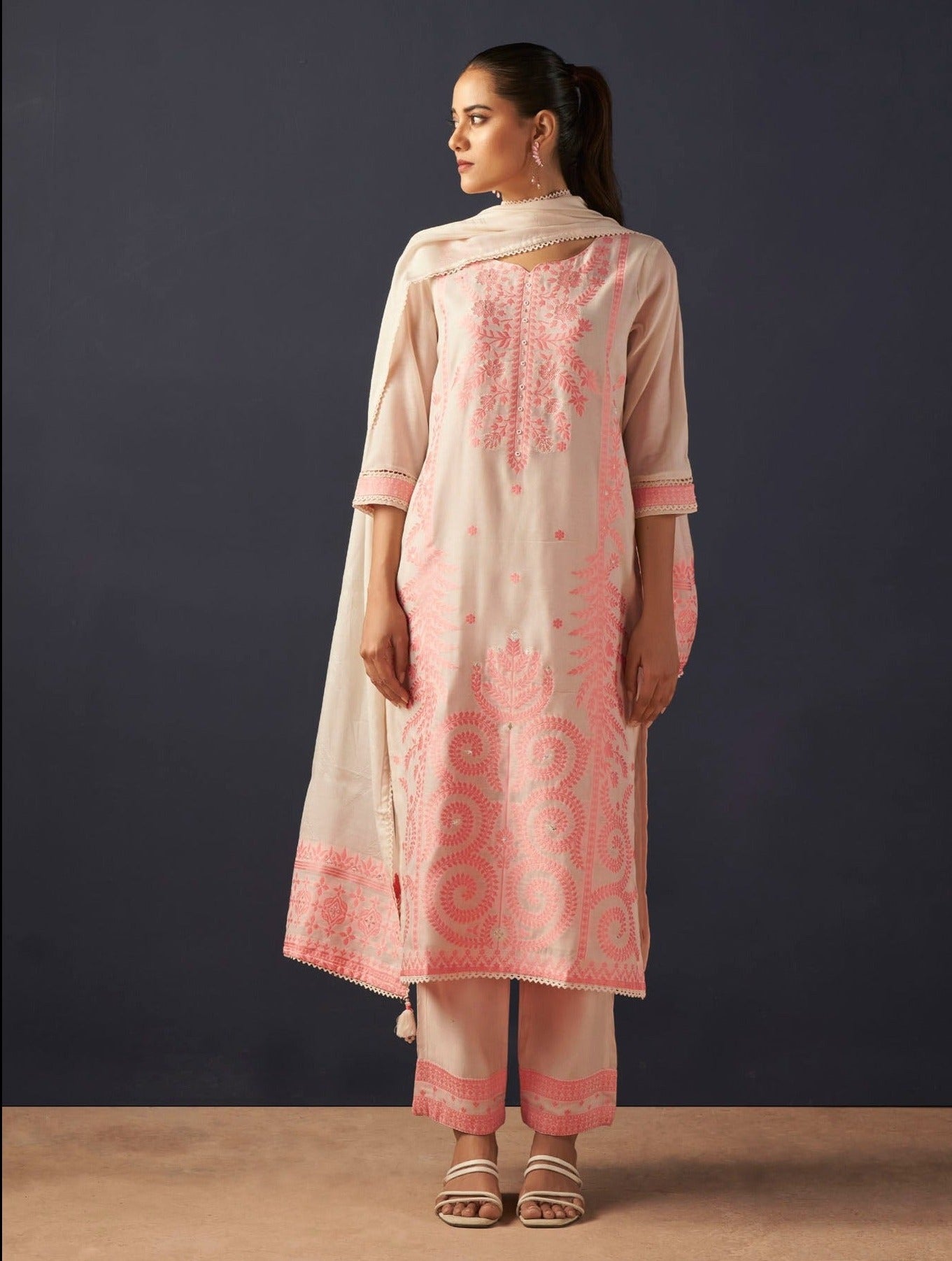 Cream Top Dyed Woven Silk Kurta Set-fourbuttons-in