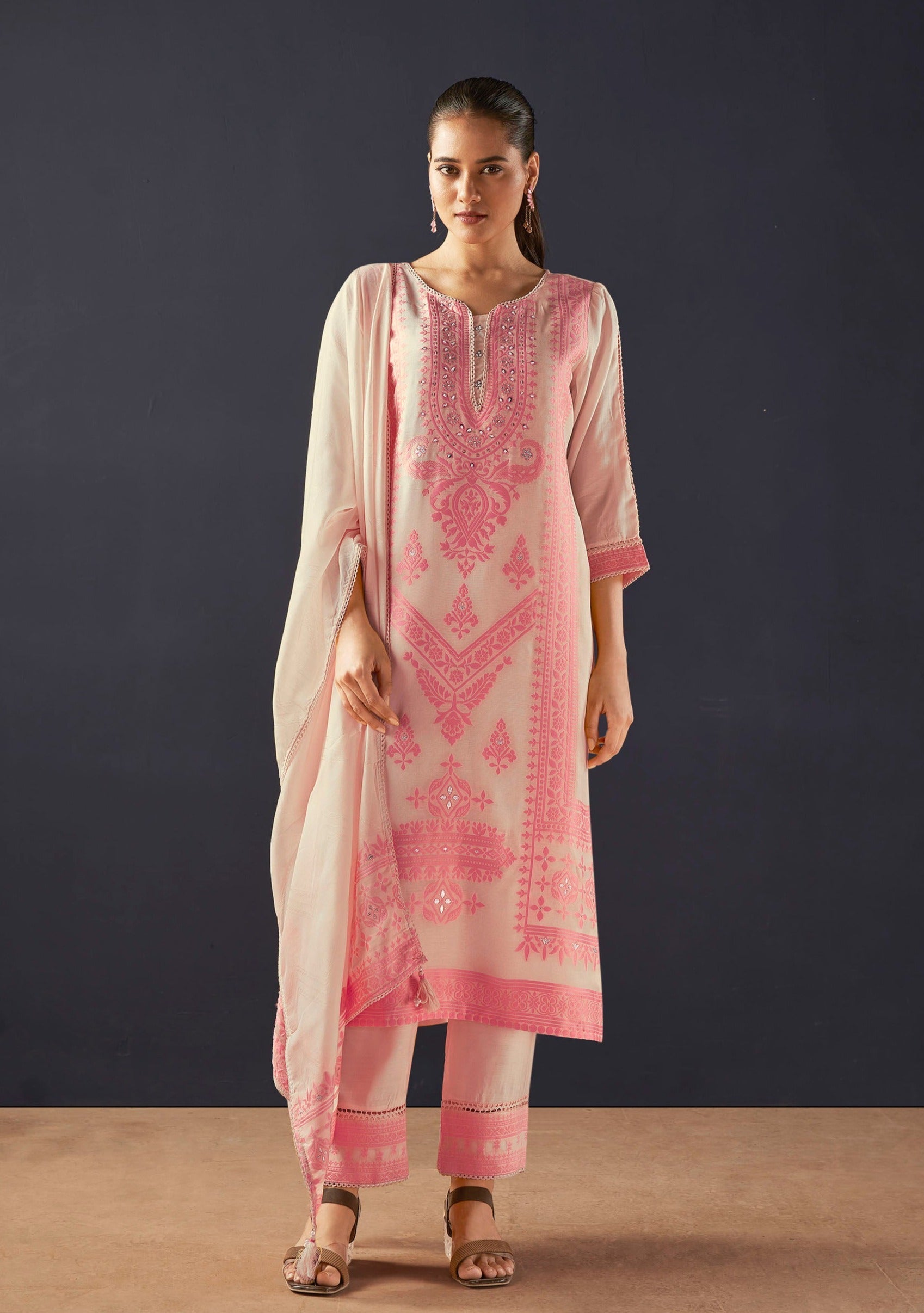 Cream Top Dyed Woven Silk Kurta Set-fourbuttons-in