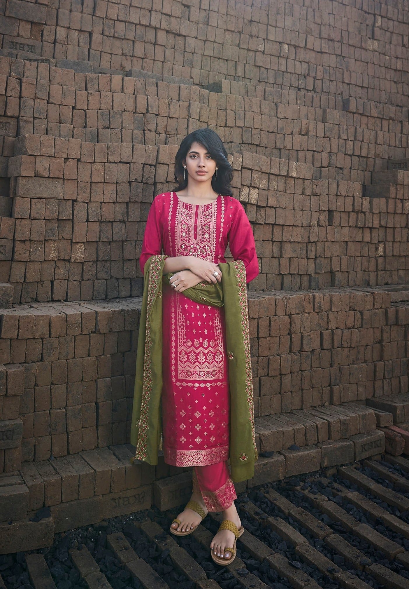 Crimson Charm Woven Red Silk Kurta Set-fourbuttons-in