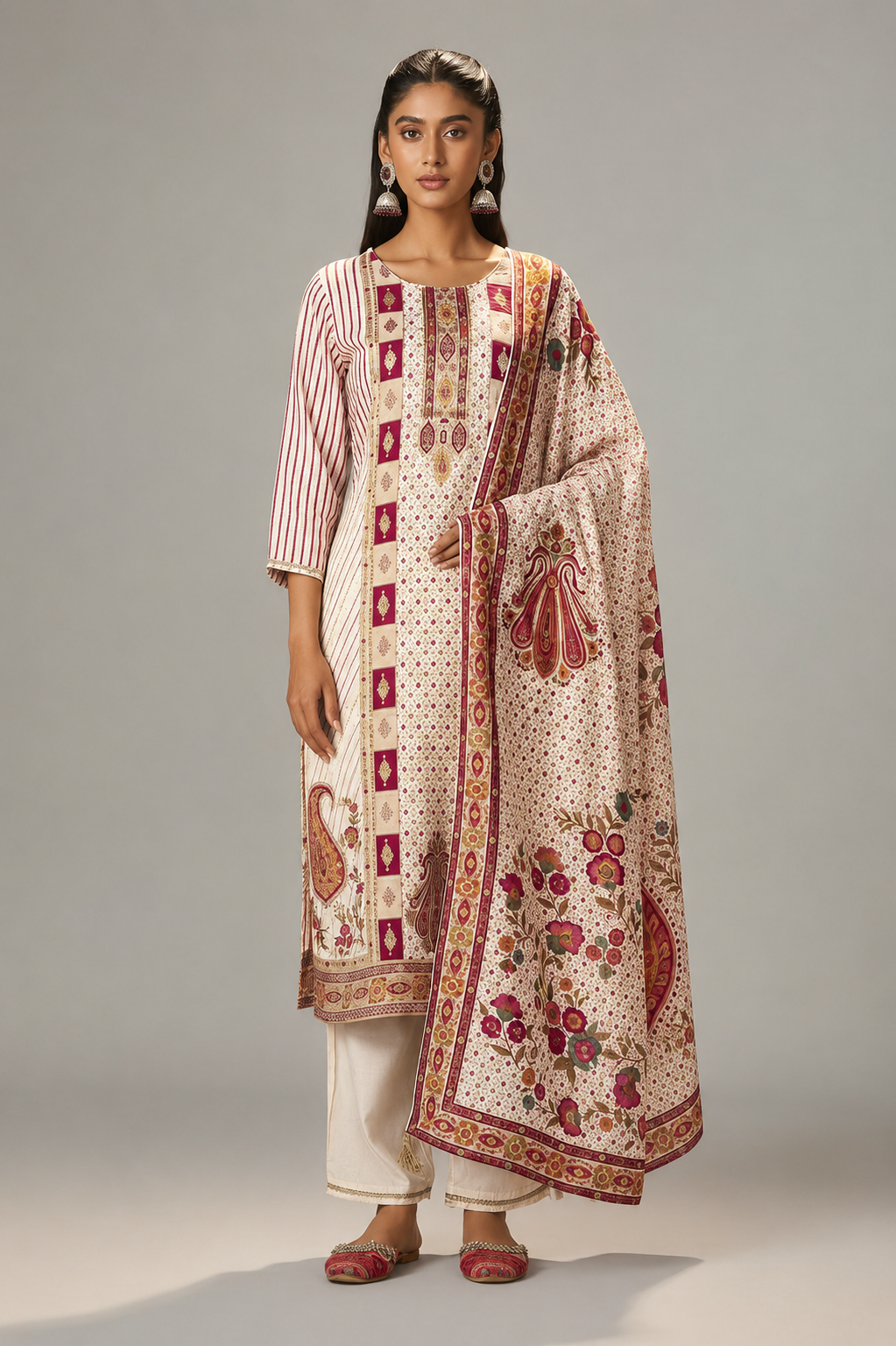 Rose-tinted Cream Position Print Viscose Jacquard Kurta Set