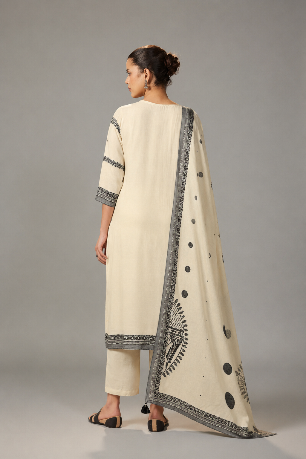 Ivory Cream Muslin Black Jacquard Kurta Set