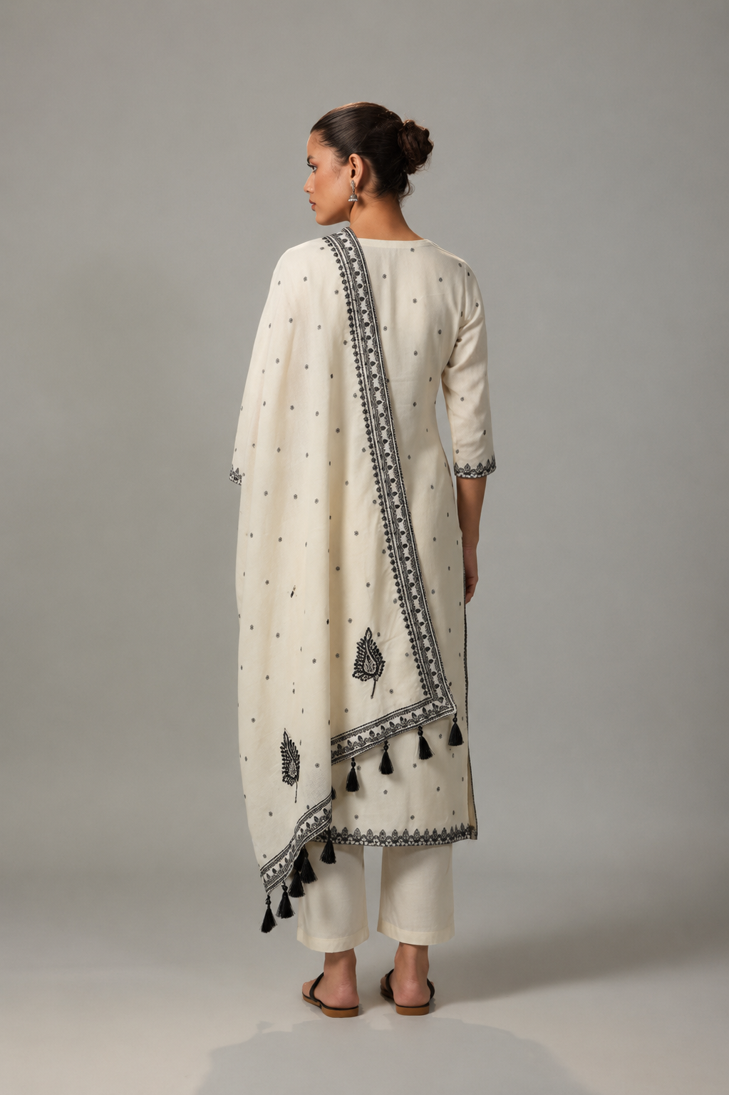 Neutral Cream Muslin Black Jacquard Kurta Set