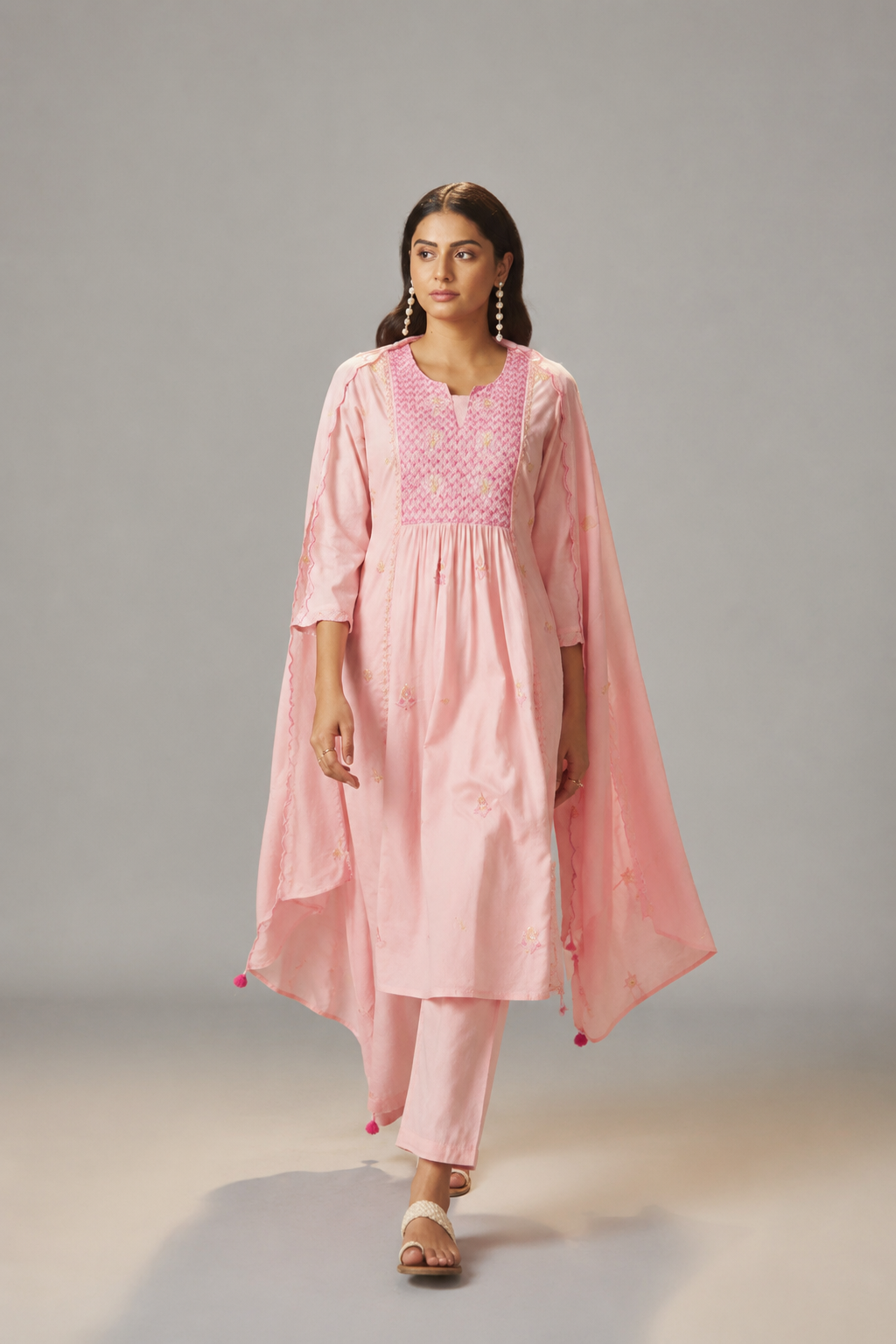 Powder Pink A-Line Pure Cotton Embroidery Kurta Set