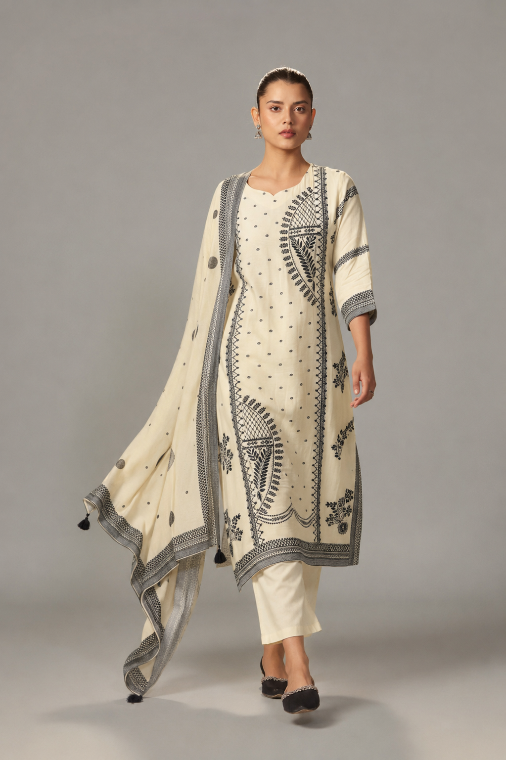 Ivory Cream Muslin Black Jacquard Kurta Set