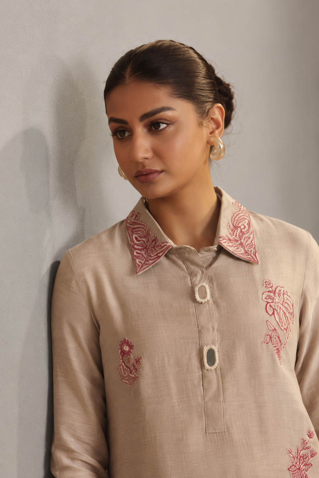 Hazelnut Biege Linen Embroidery Co-ord Set