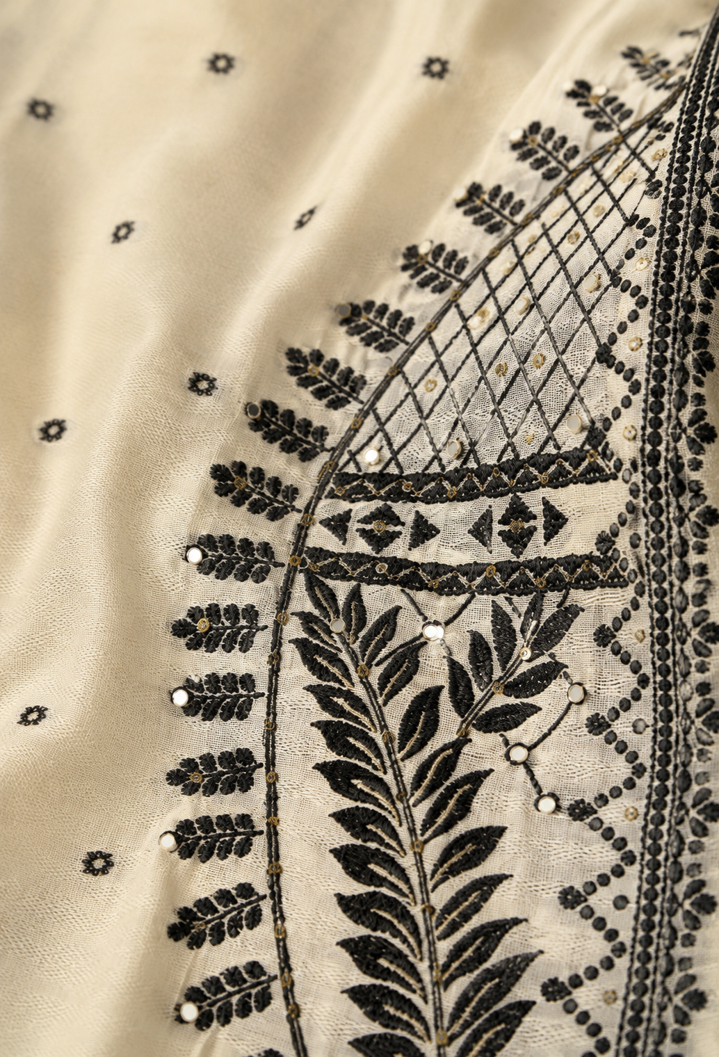 Ivory Cream Muslin Black Jacquard Kurta Set