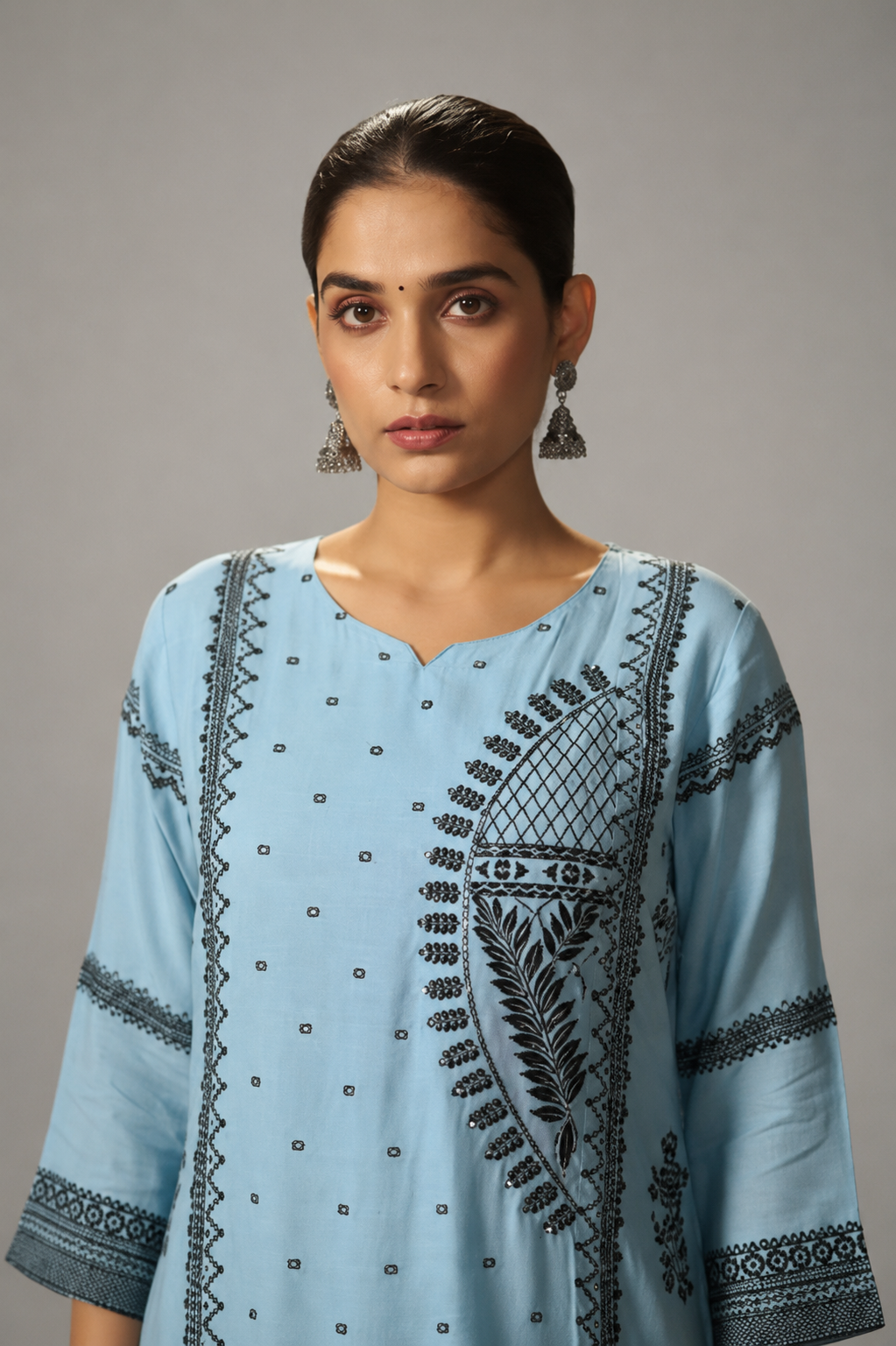 Seafoam Blue Muslin Black Jacquard Kurta Set
