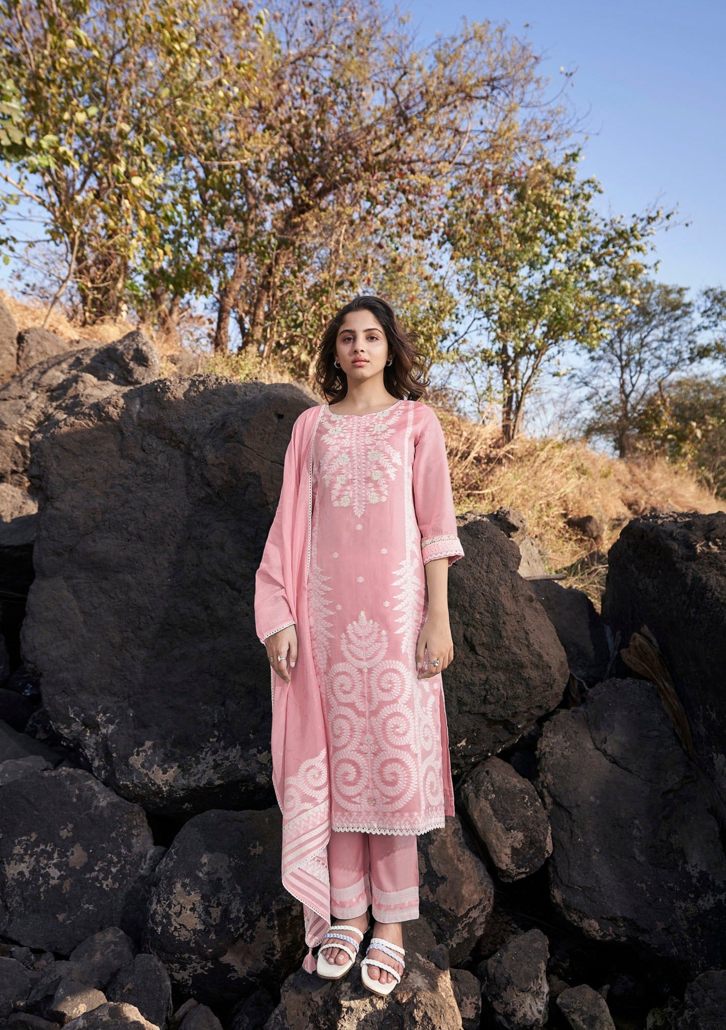 Flamingo Pigmented Woven Silk Kurta Set-fourbuttons-in