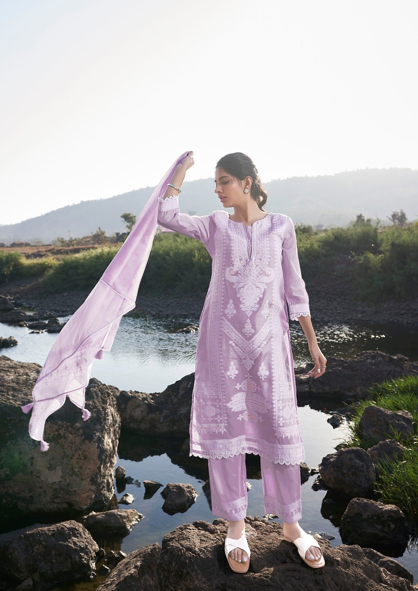 Graceful Lavender Soaked Woven Silk Kurta Set-fourbuttons-in