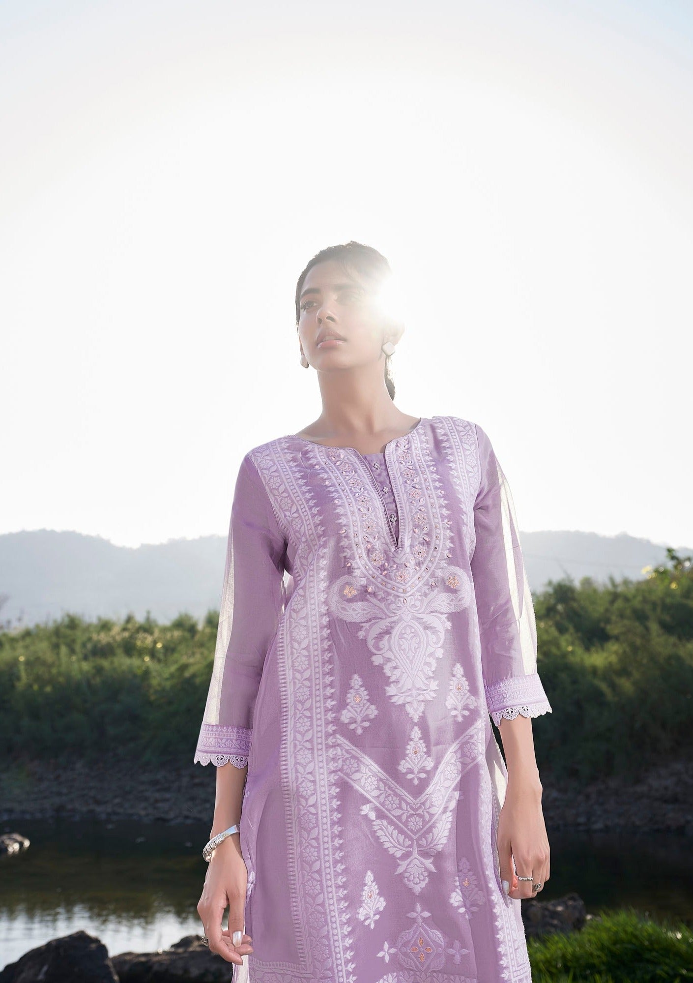 Graceful Lavender Soaked Woven Silk Kurta Set-fourbuttons-in