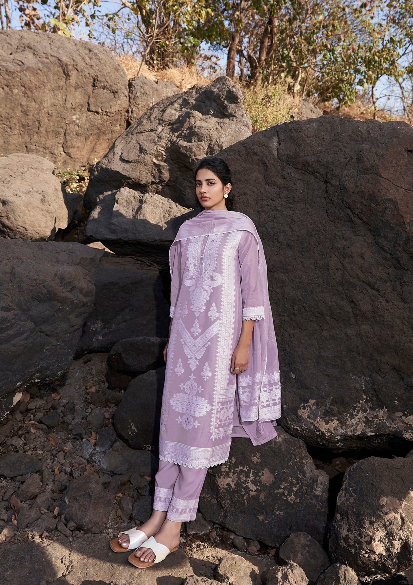 Graceful Lavender Soaked Woven Silk Kurta Set-fourbuttons-in