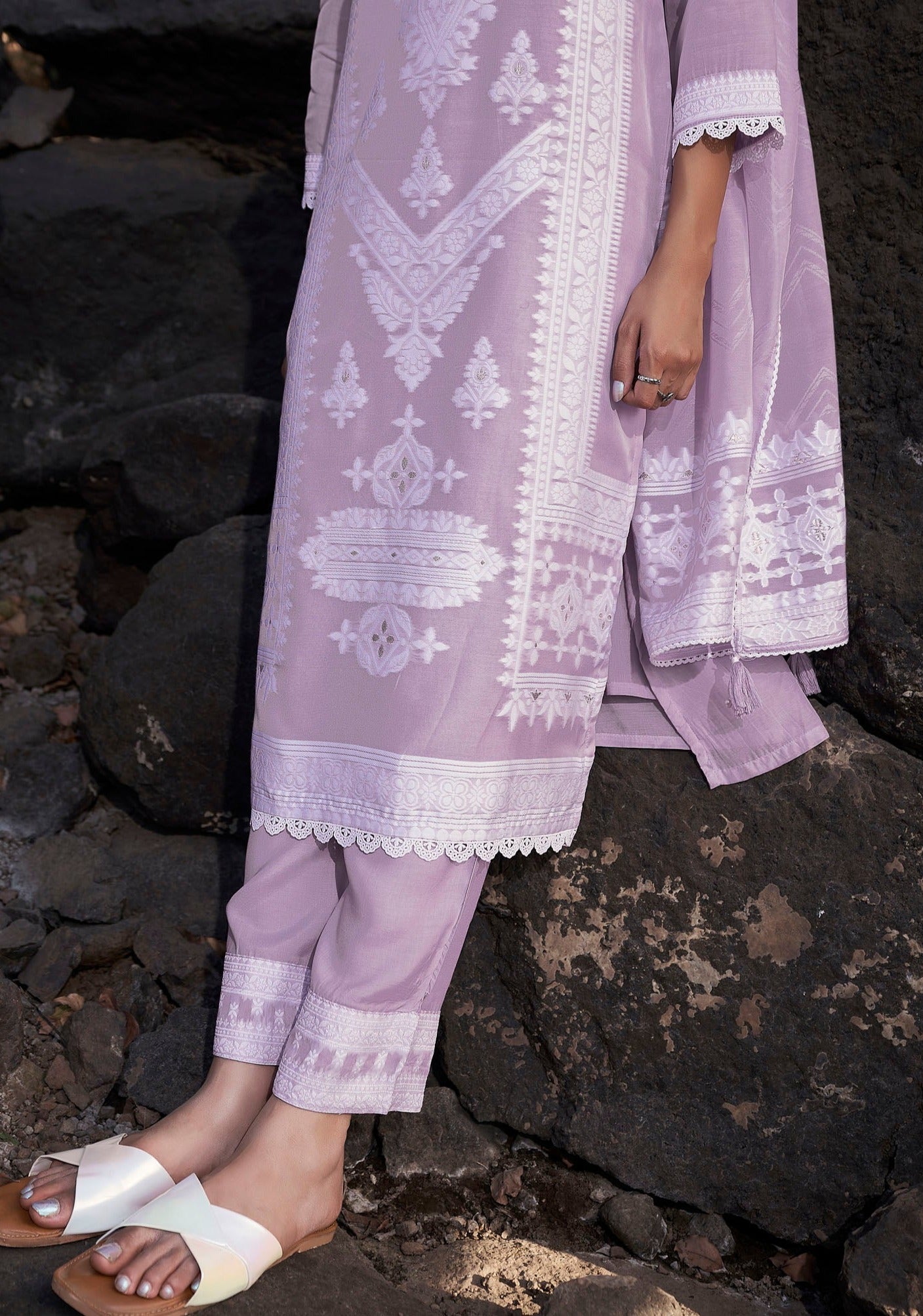 Graceful Lavender Soaked Woven Silk Kurta Set-fourbuttons-in