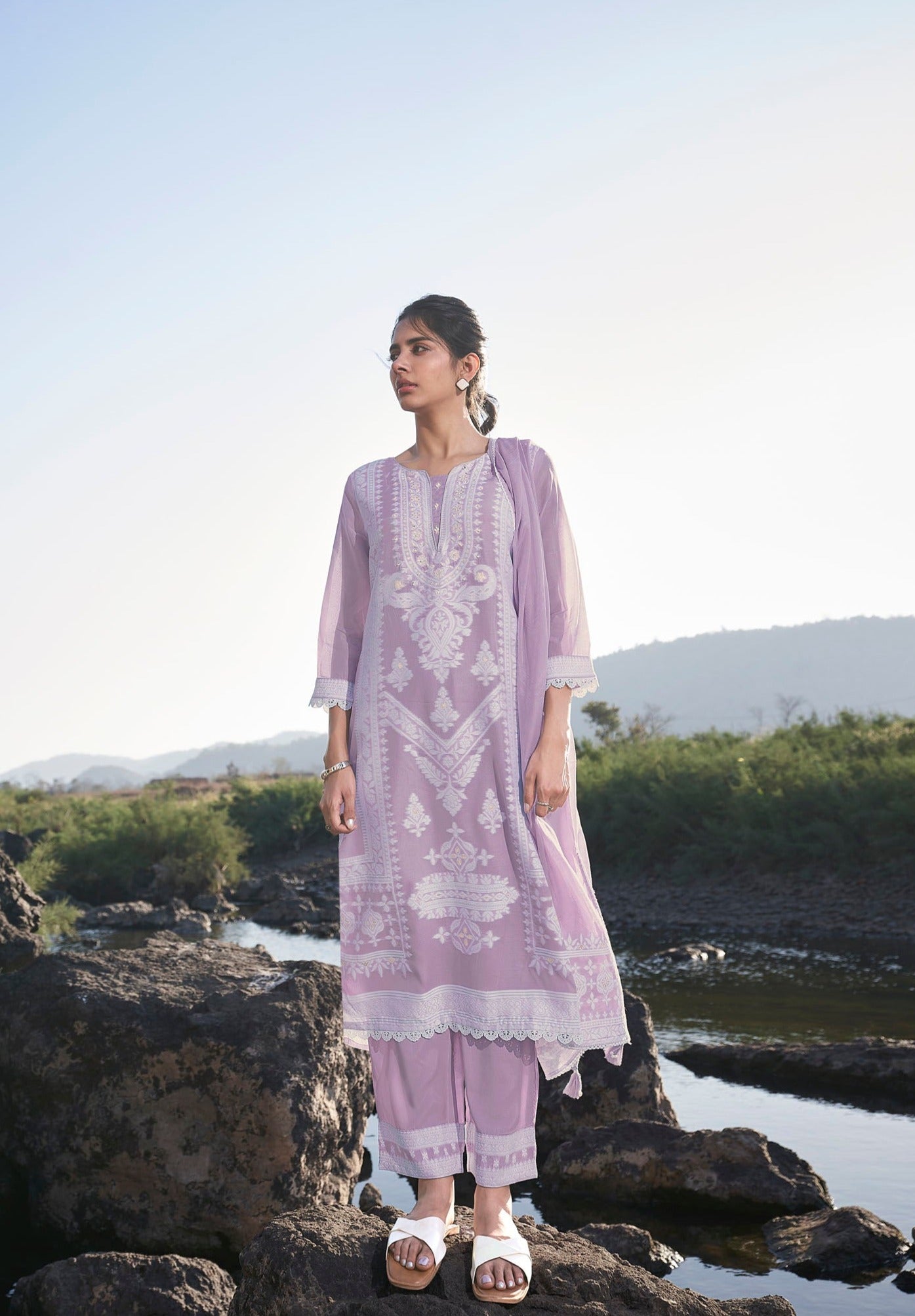 Graceful Lavender Soaked Woven Silk Kurta Set-fourbuttons-in